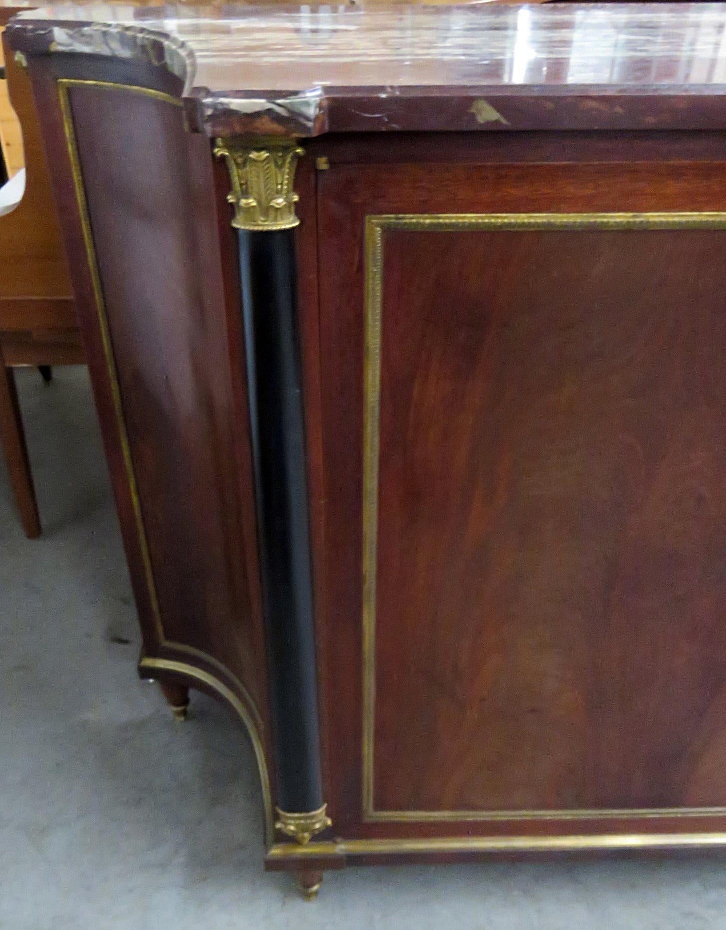 Flame Mahogany Marble Top Buffet Commode Attributed to Maison Forest 4