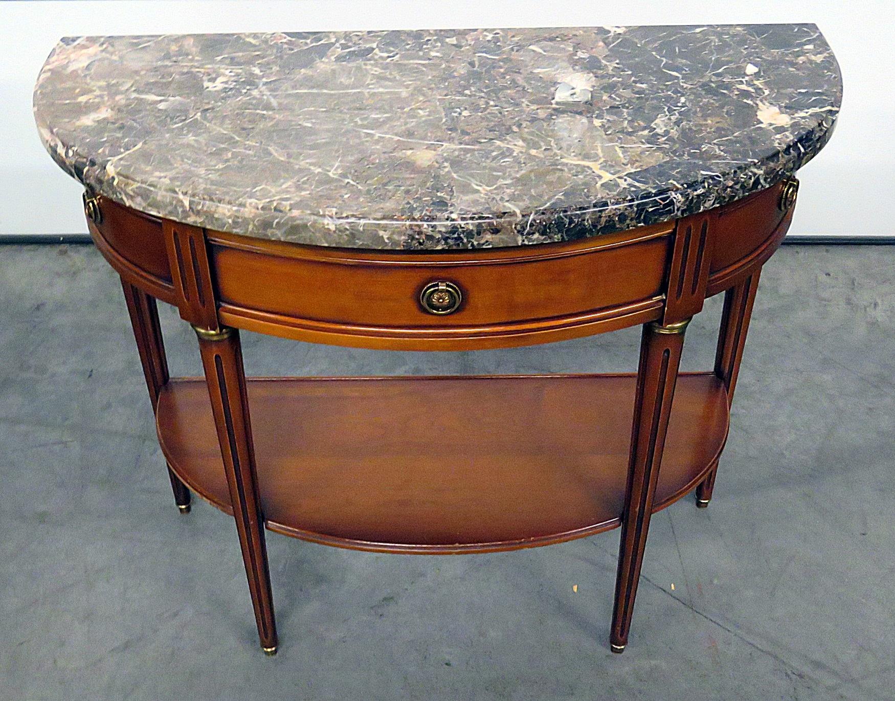 Directoire French Bronze Mounted Louis XVI Style Marble Top Demilune Console Table