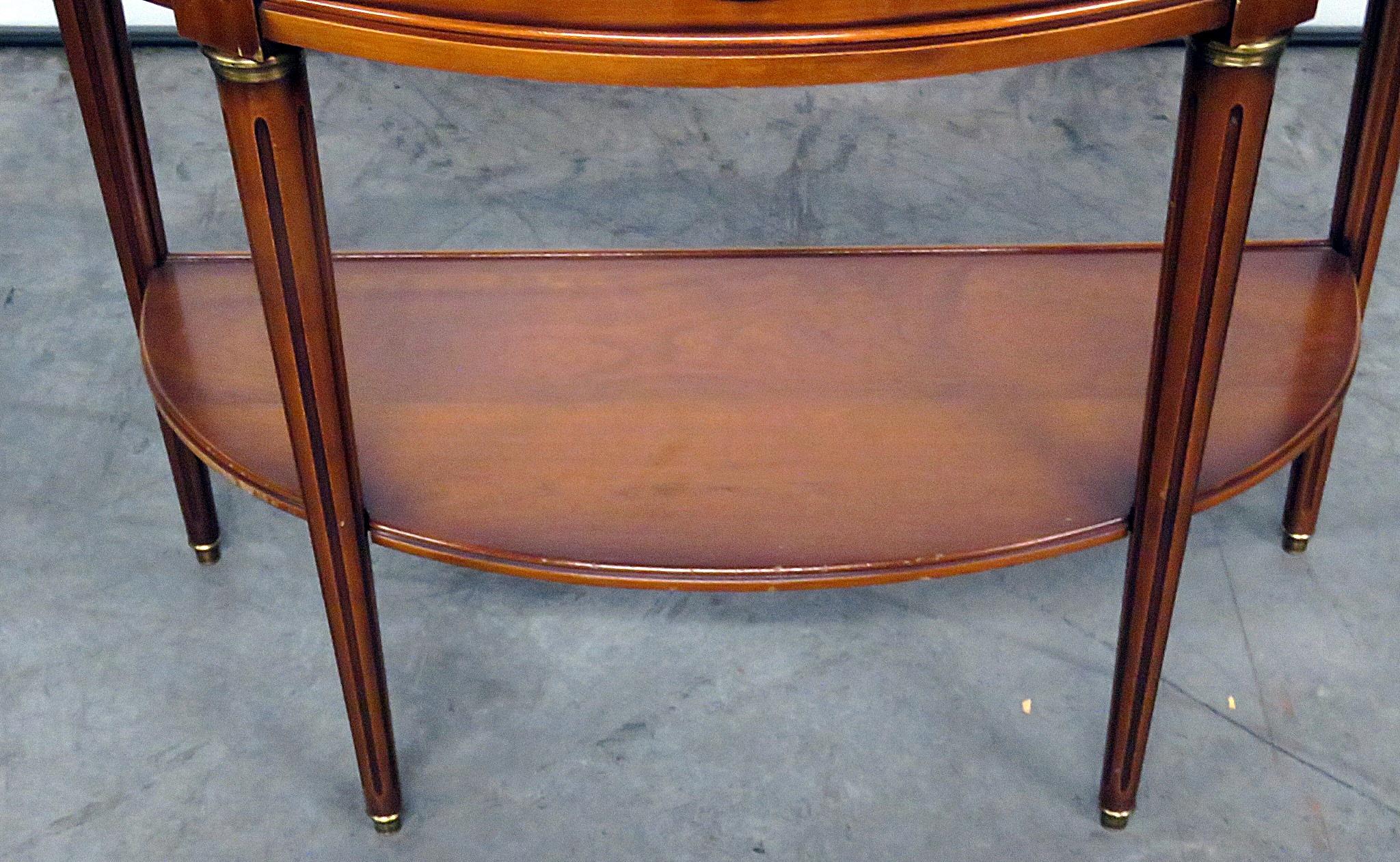 Directoire style marble-top 1 drawer demilunce console table.