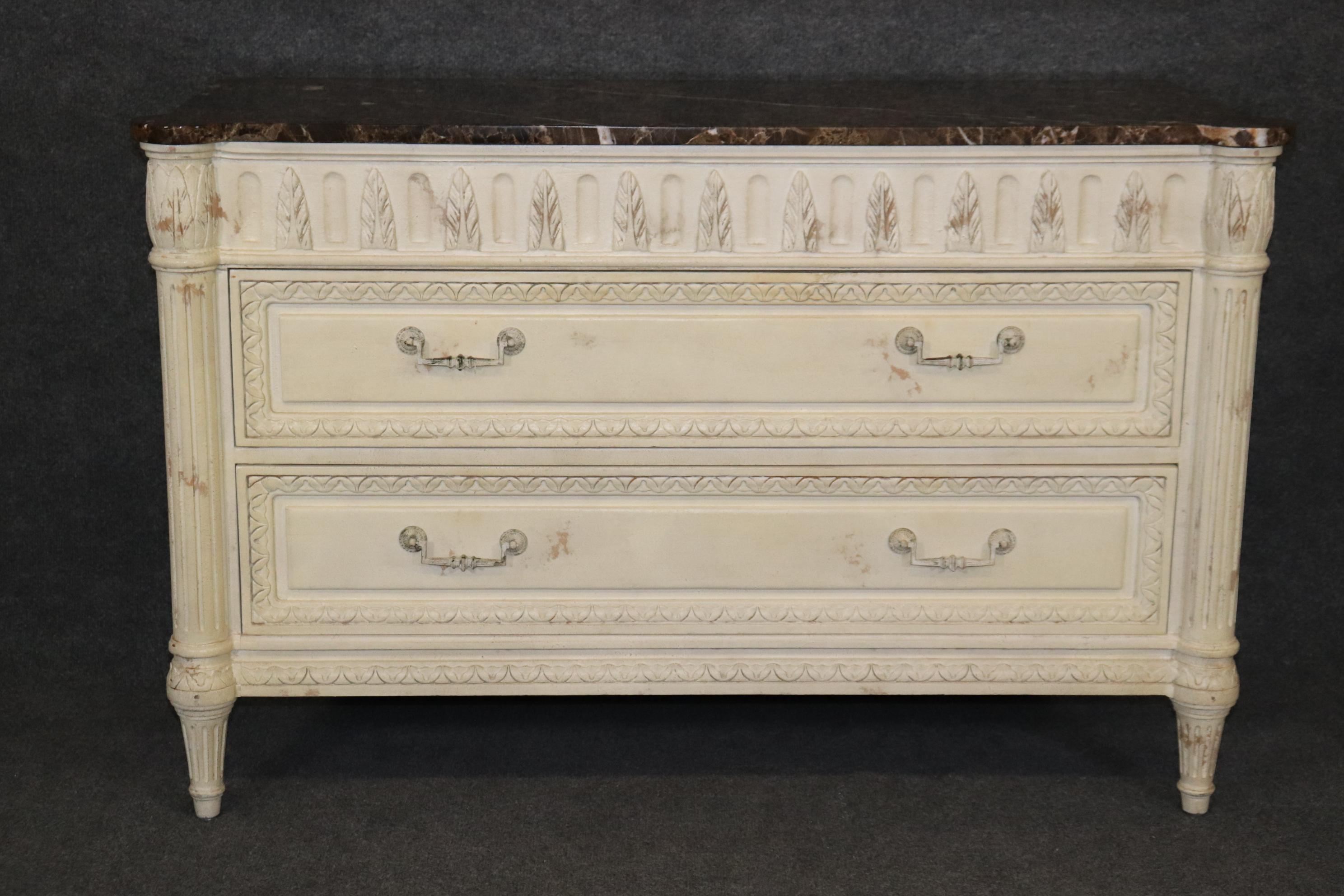 Dimensions- H: 32 1/4in W: 50in D: 20 1/4in

This Vintage Directoire Style Paint Decorated Granite Top Commode is of the highest quality and is up to par with companies like Baker and Karges! If you look at the photos provided, you'll see the