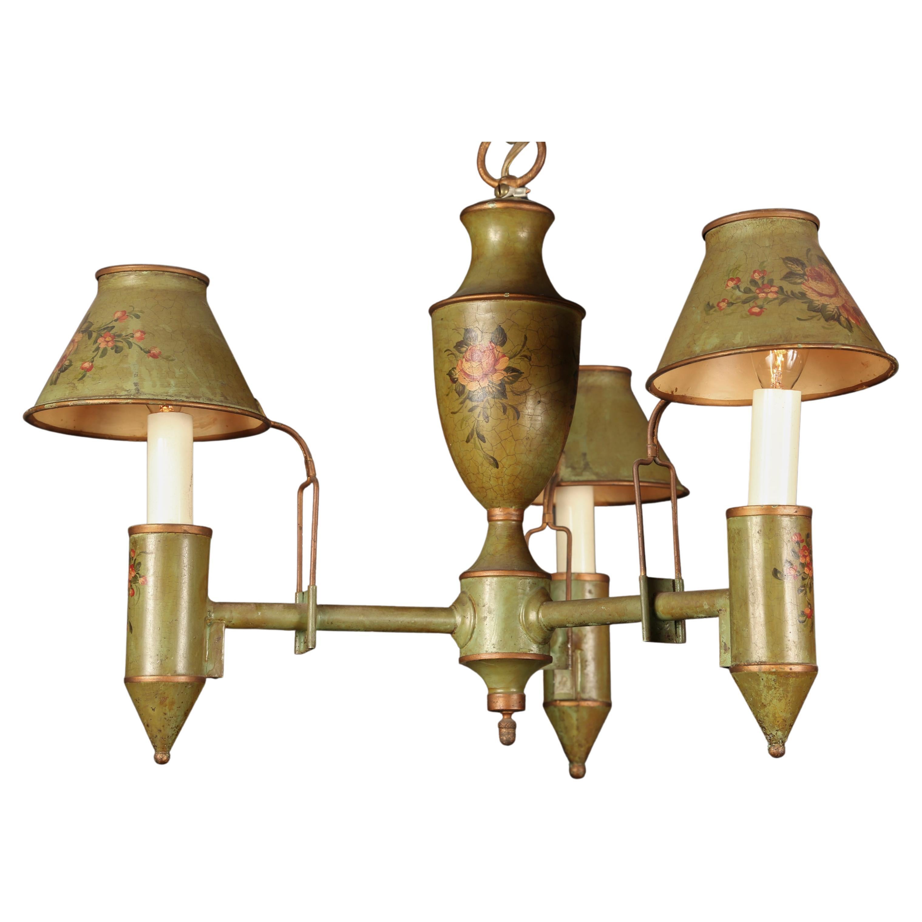 Directoire Style Painted Green Tole Chandelier, Italian Mid Century For Sale
