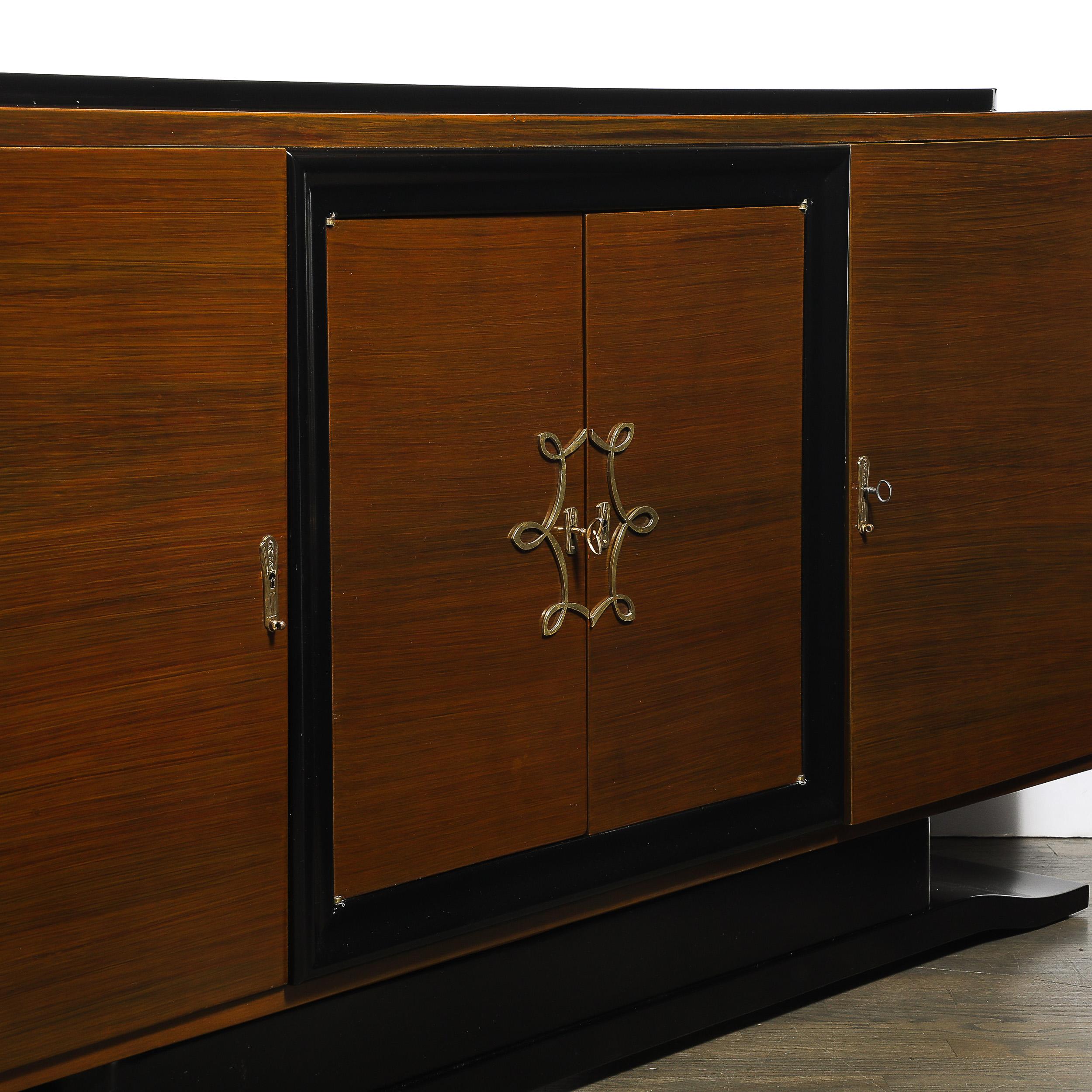 Directoire Style Sideboard in Book-matched Walnut & Black Lacquer on Plinth Base For Sale 3