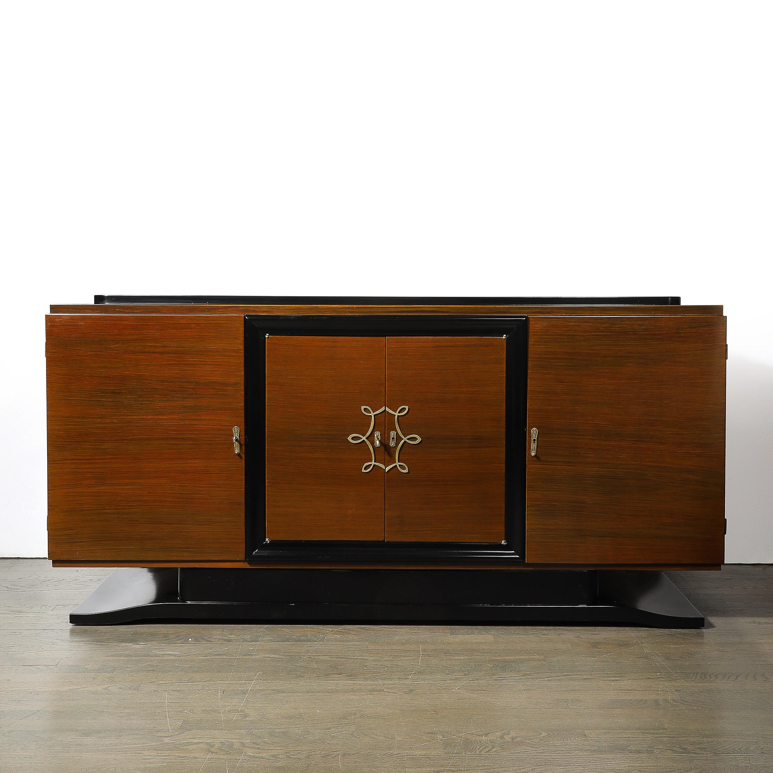 Art Deco Directoire Style Sideboard in Book-matched Walnut & Black Lacquer on Plinth Base For Sale