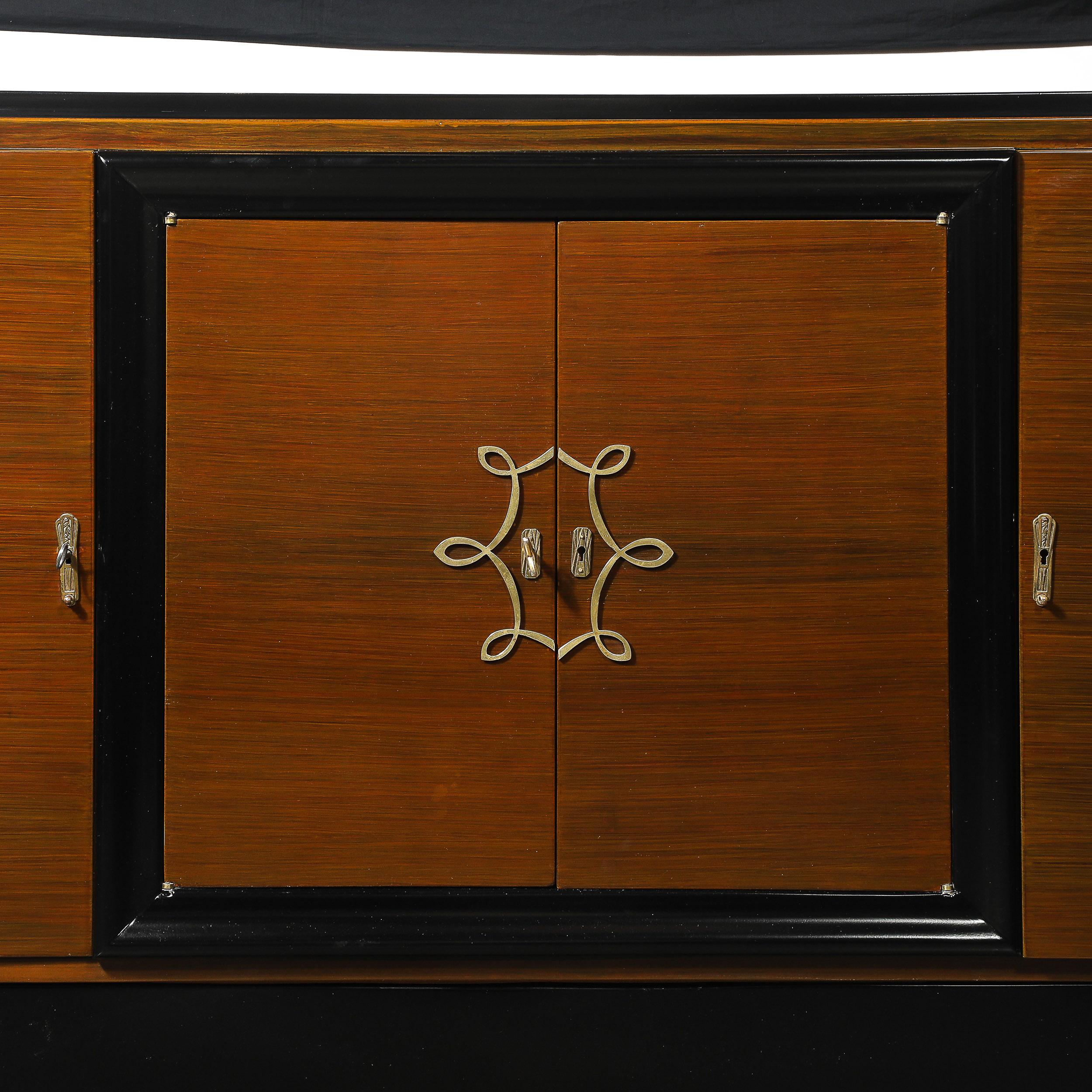 French Directoire Style Sideboard in Book-matched Walnut & Black Lacquer on Plinth Base For Sale