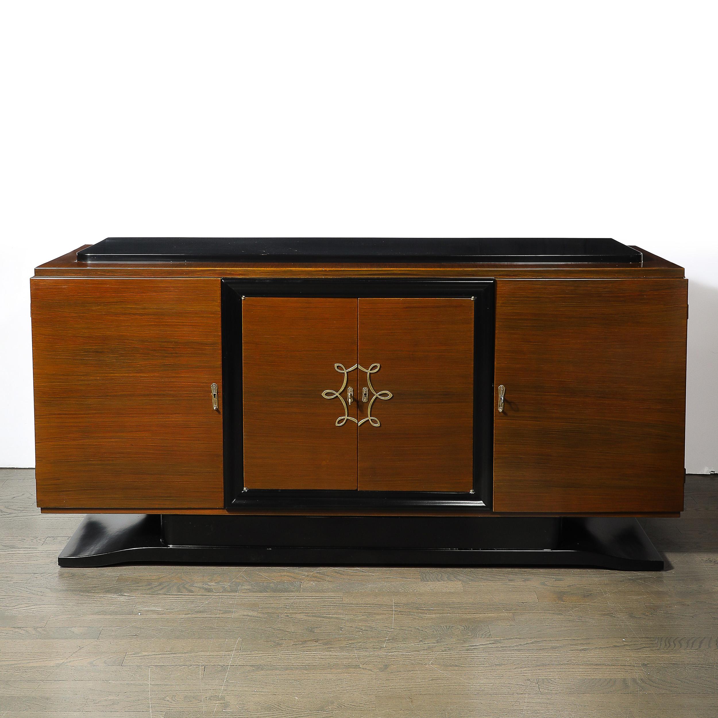 Mid-20th Century Directoire Style Sideboard in Book-matched Walnut & Black Lacquer on Plinth Base For Sale