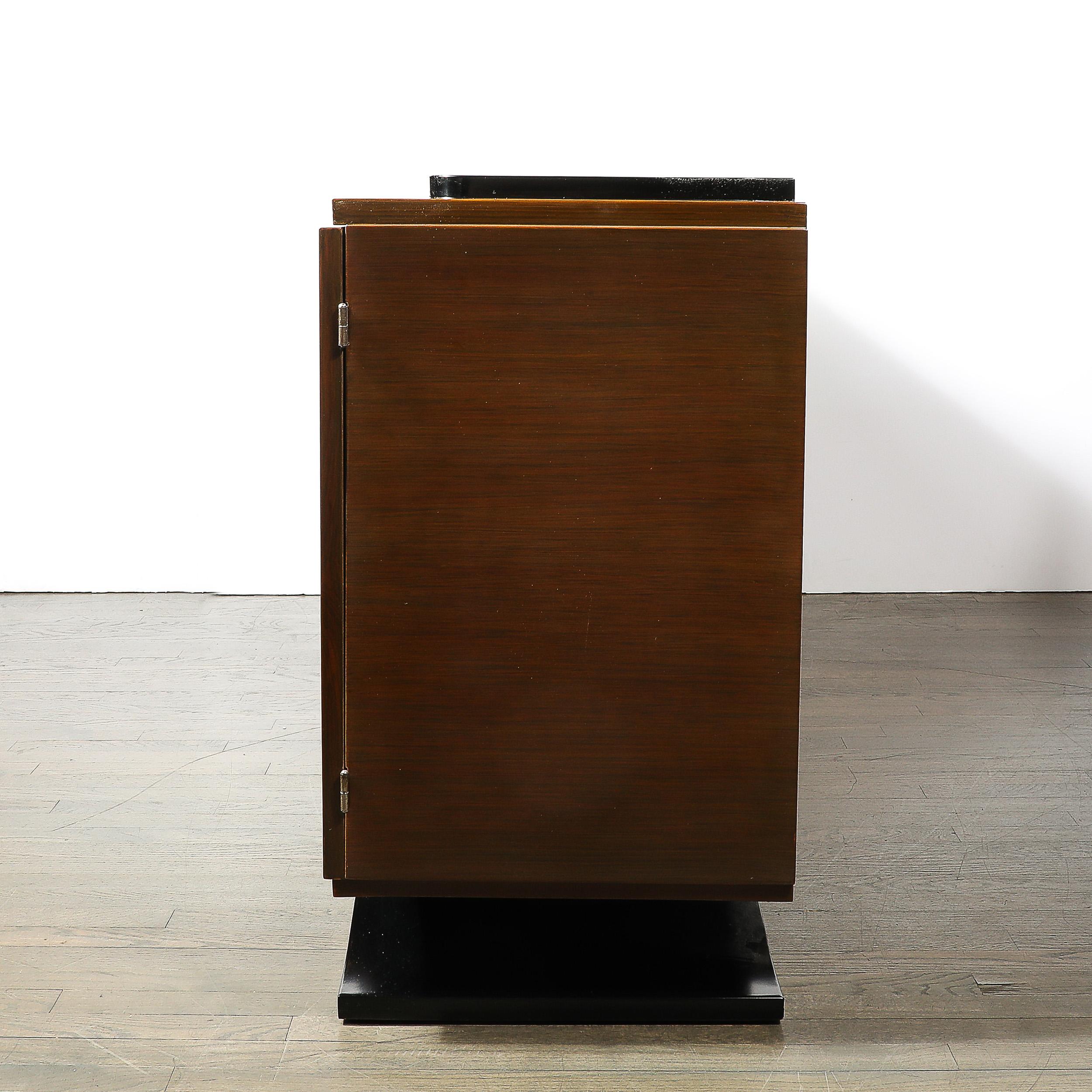 Brass Directoire Style Sideboard in Book-matched Walnut & Black Lacquer on Plinth Base For Sale