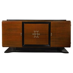 Directoire Style Sideboard in Book-matched Walnut & Black Lacquer on Plinth Base