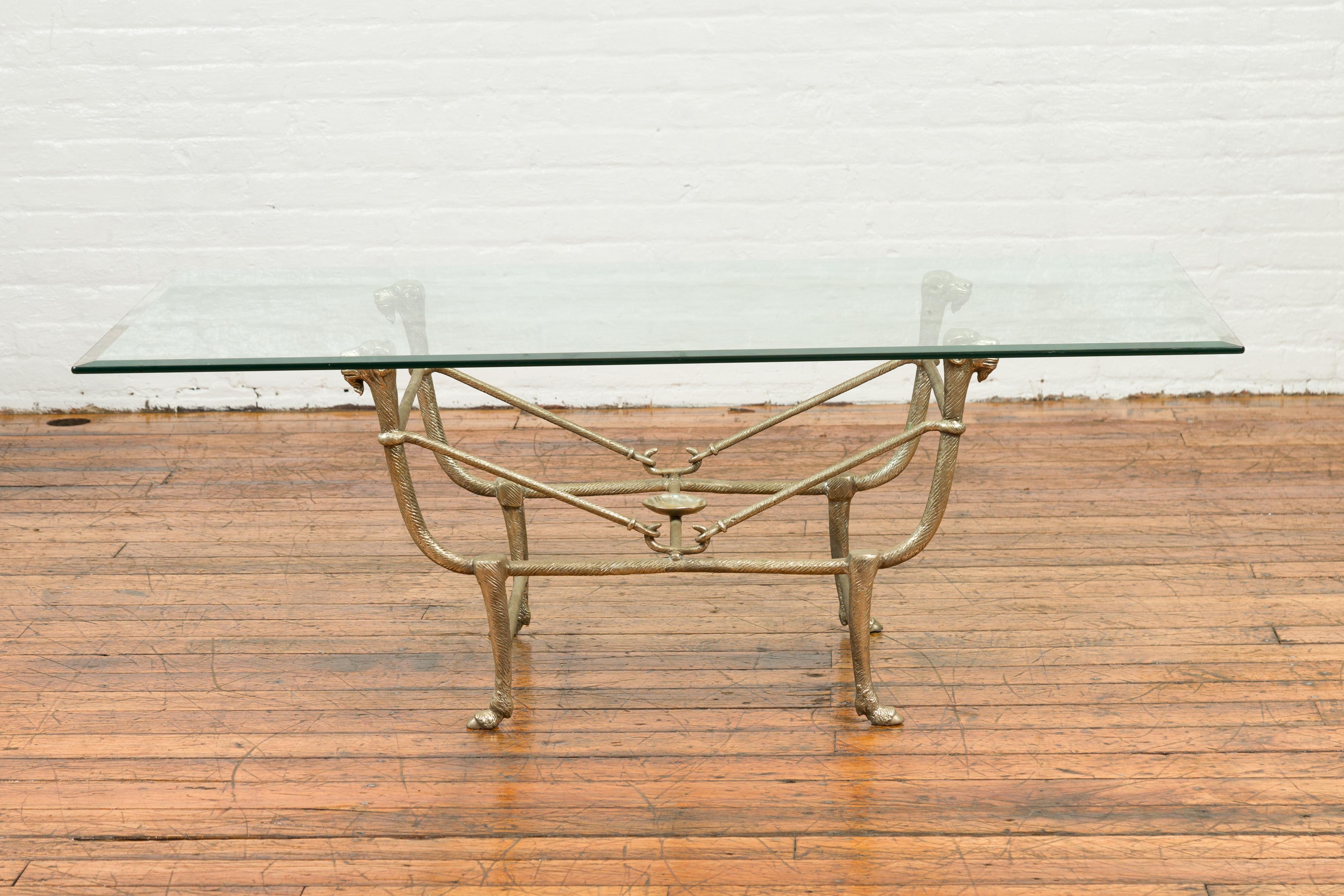 A silver plated bronze Directoire style coffee table base from the 20th century with rams heads. The table top is not included but shown on the photos to allow better visualization of the possibilities. Created with the traditional technique of the