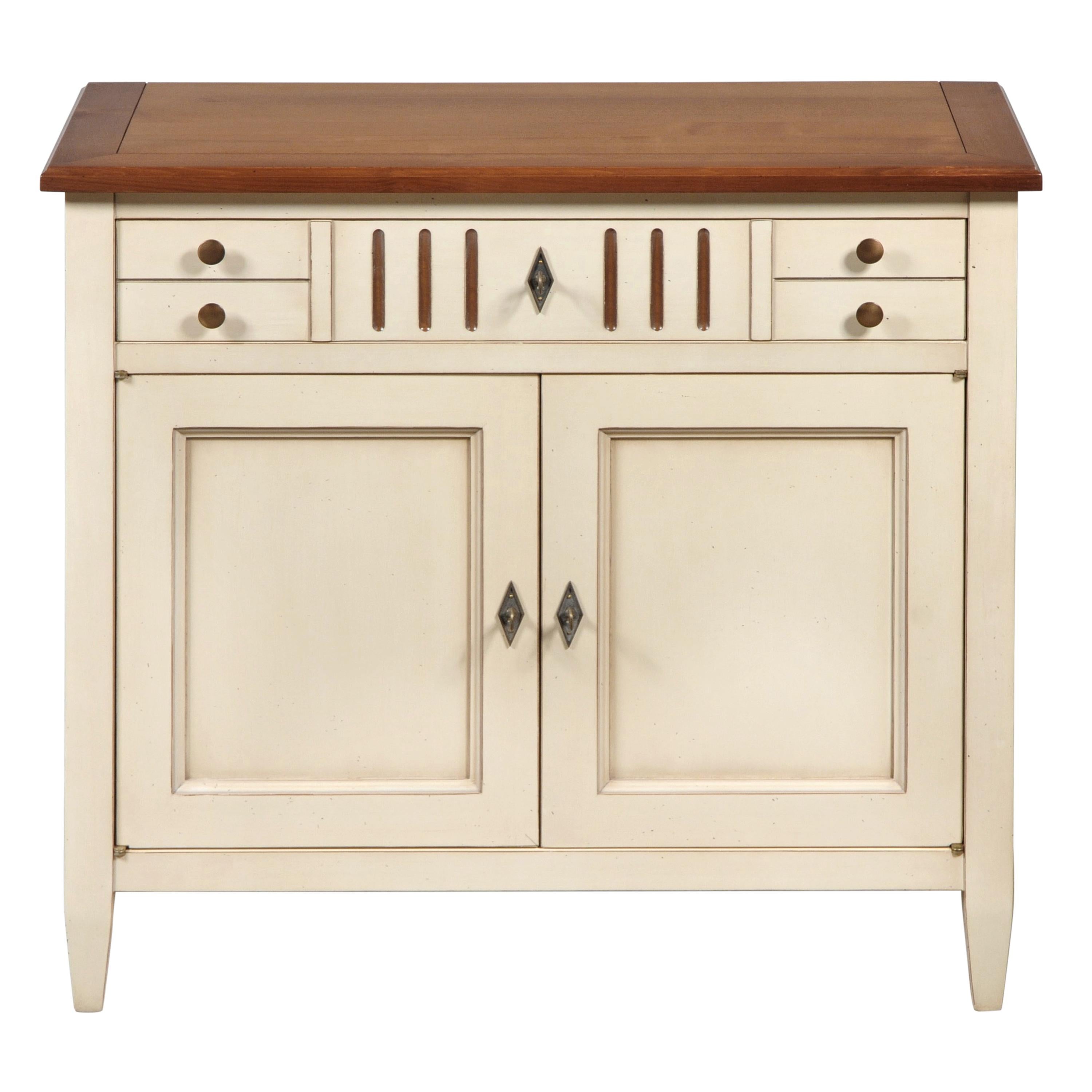 Kleines Sideboard im Directoire-Stil mit 2 Türen aus massivem Kirschbaumholz und weißem Creme  im Angebot