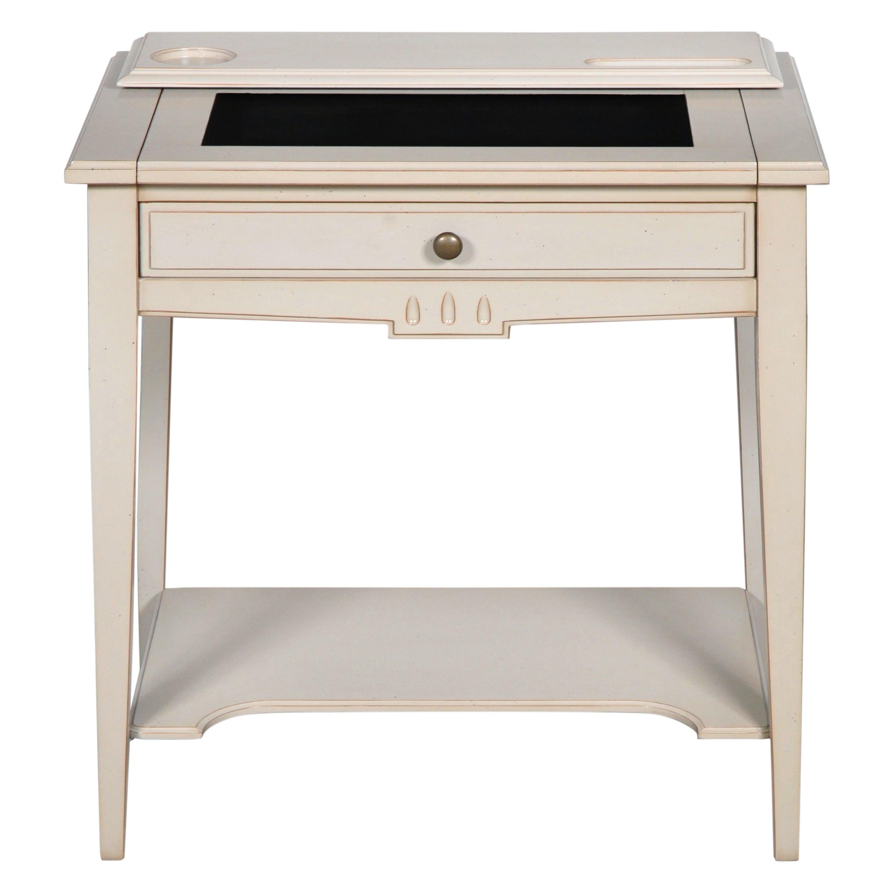 French Directoire style desk with a shelf and leather pad, light grey lacquered
