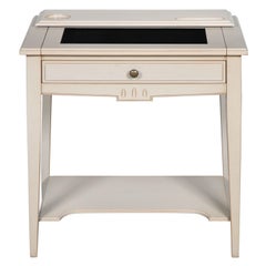 French Directoire style desk with a shelf and leather pad, light grey lacquered