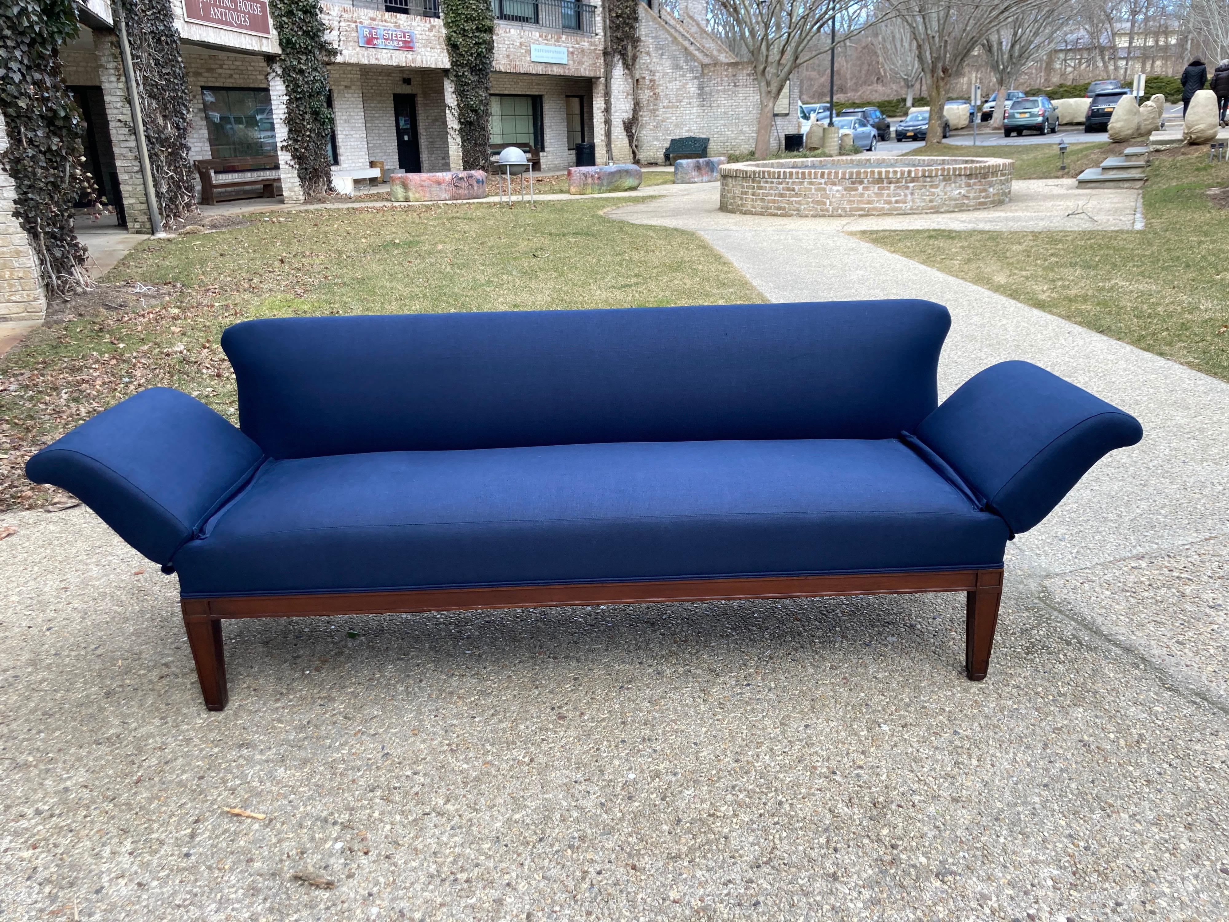 Linen Directoire Style Sofa or Banquette with Adjustable Articulating Arms For Sale