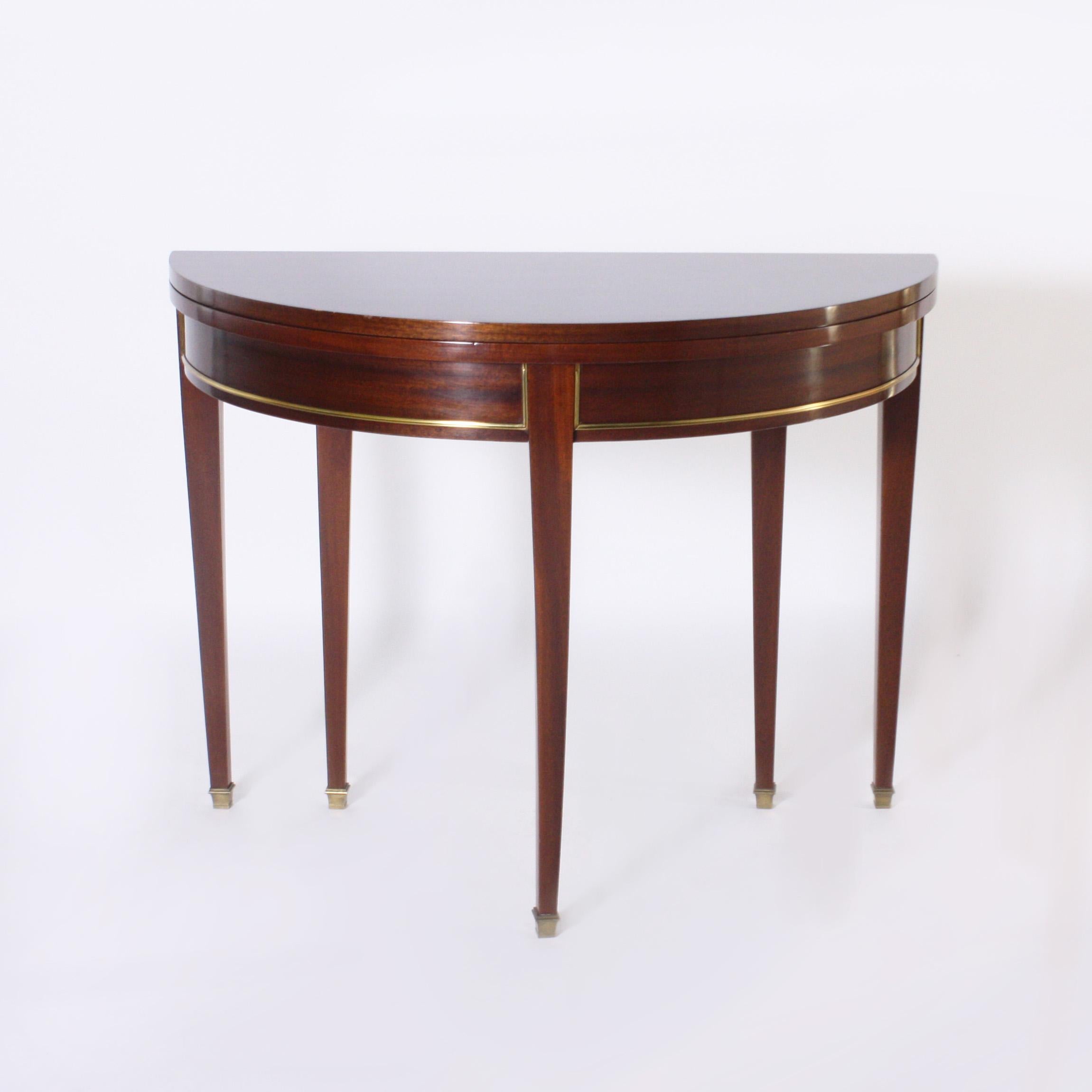 French Directoire-Style Walnut Demilune with Brass Detail, circa 1940