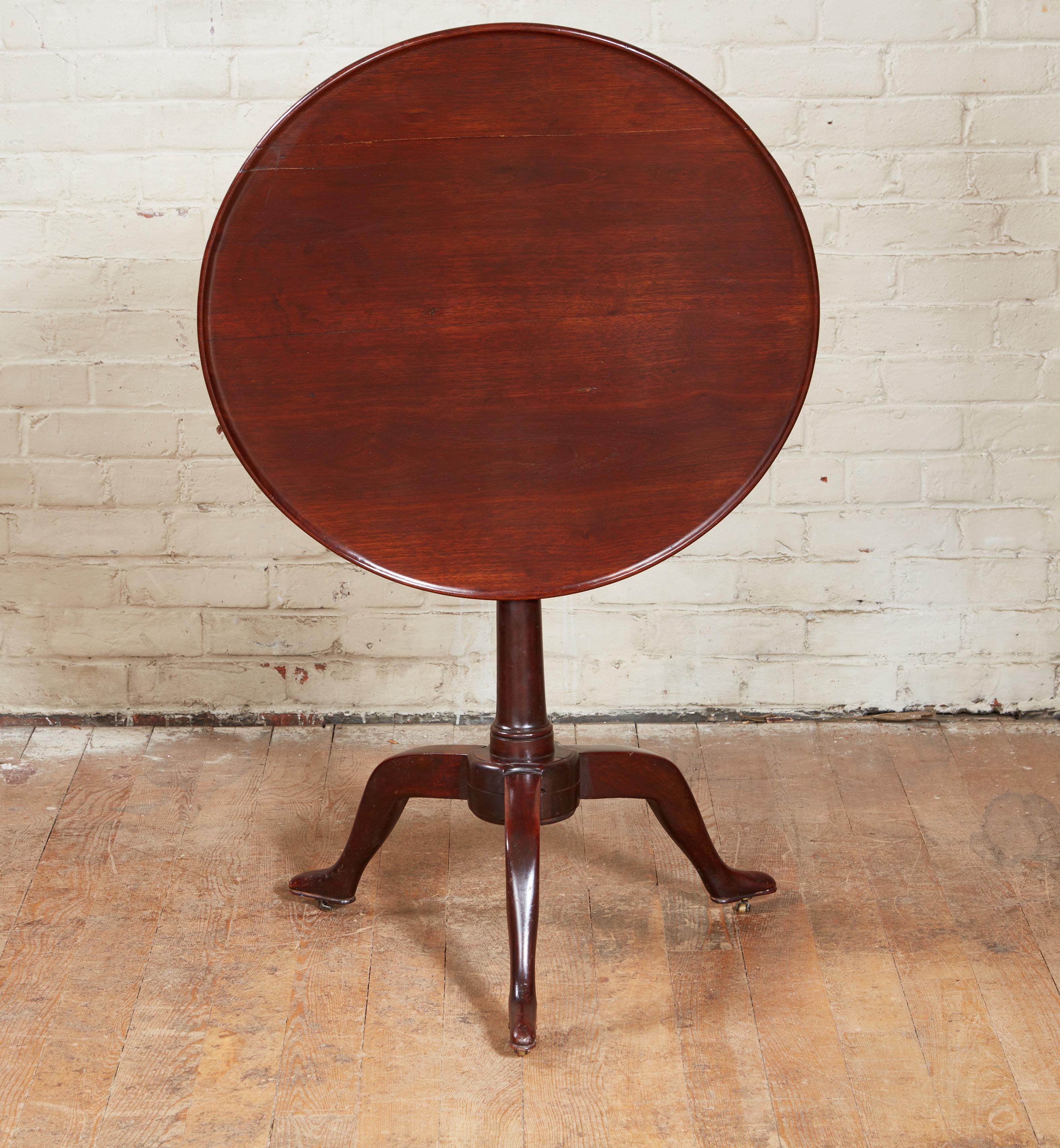 Very fine 18th Century mahogany dish top tripod table by Joseph Gengenbach, known as Canabas, circa 1790, the lathe turned top with dished edge, over very simple column base, standing on three anthropomorphic feet and retaining original (and worn