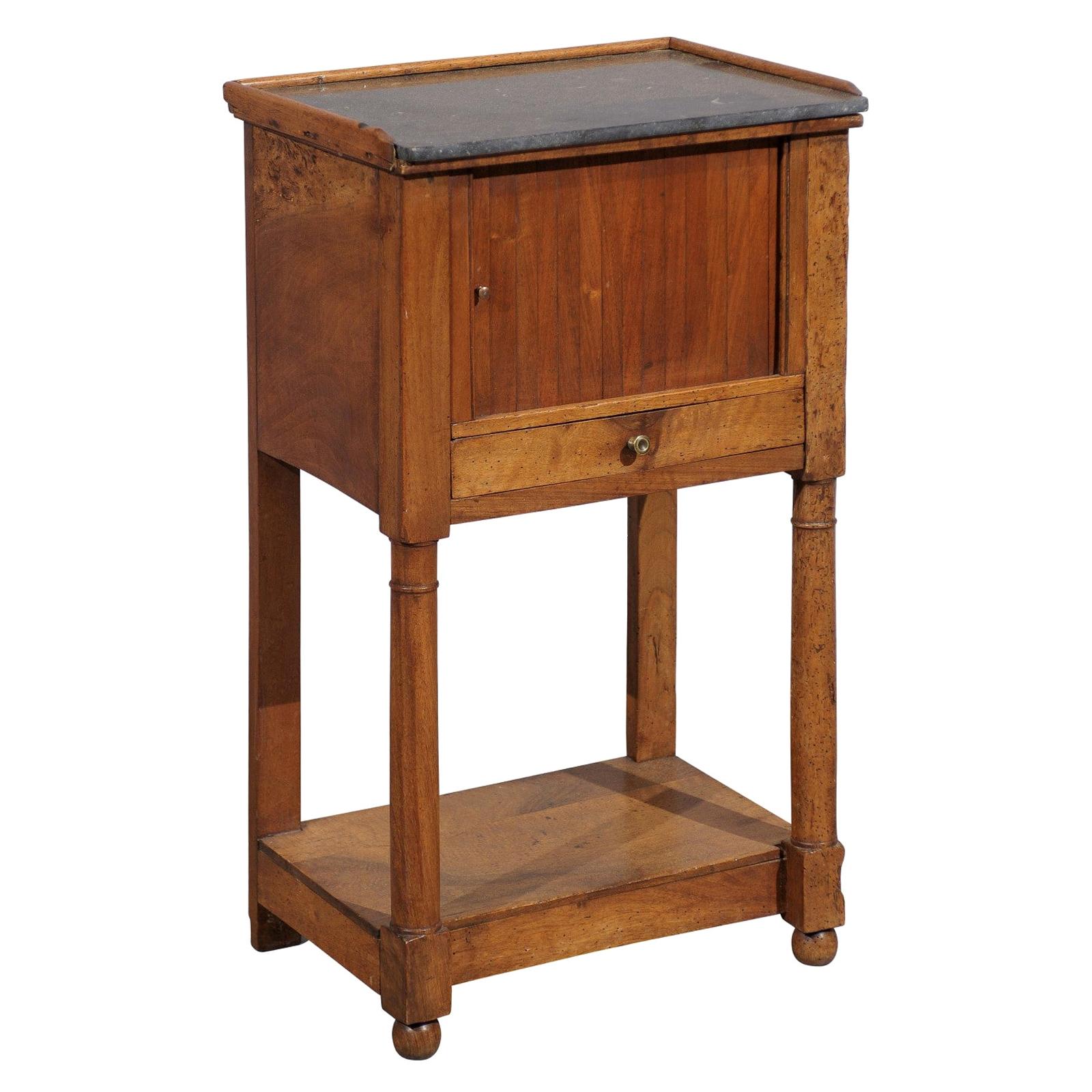 Directoire Walnut Chevet with Tambour Door and Gray Marble Top, 19th Century