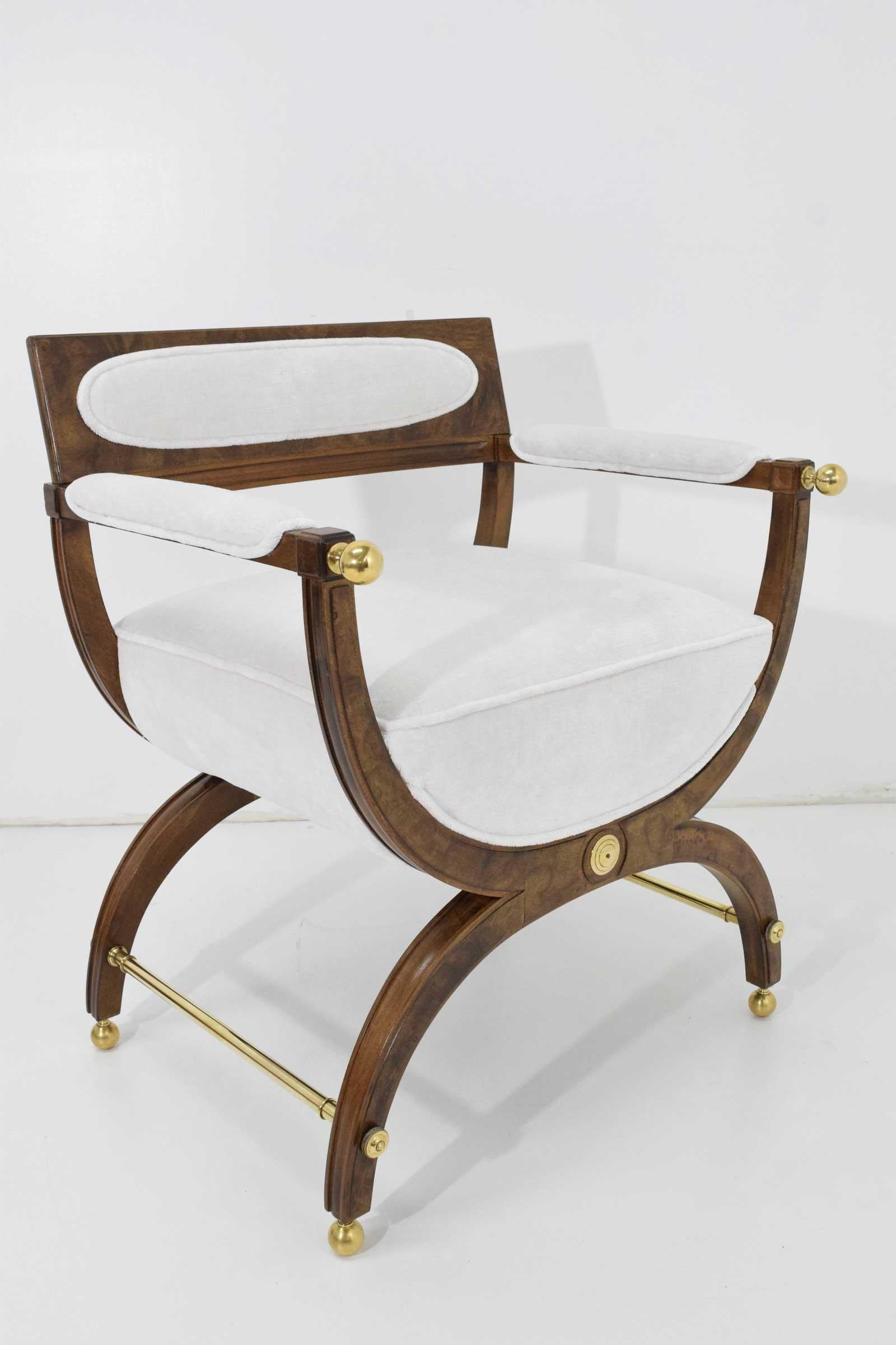 American Director or Savonarola Style Chairs in Burl Wood with Brass Accents by Widdicomb