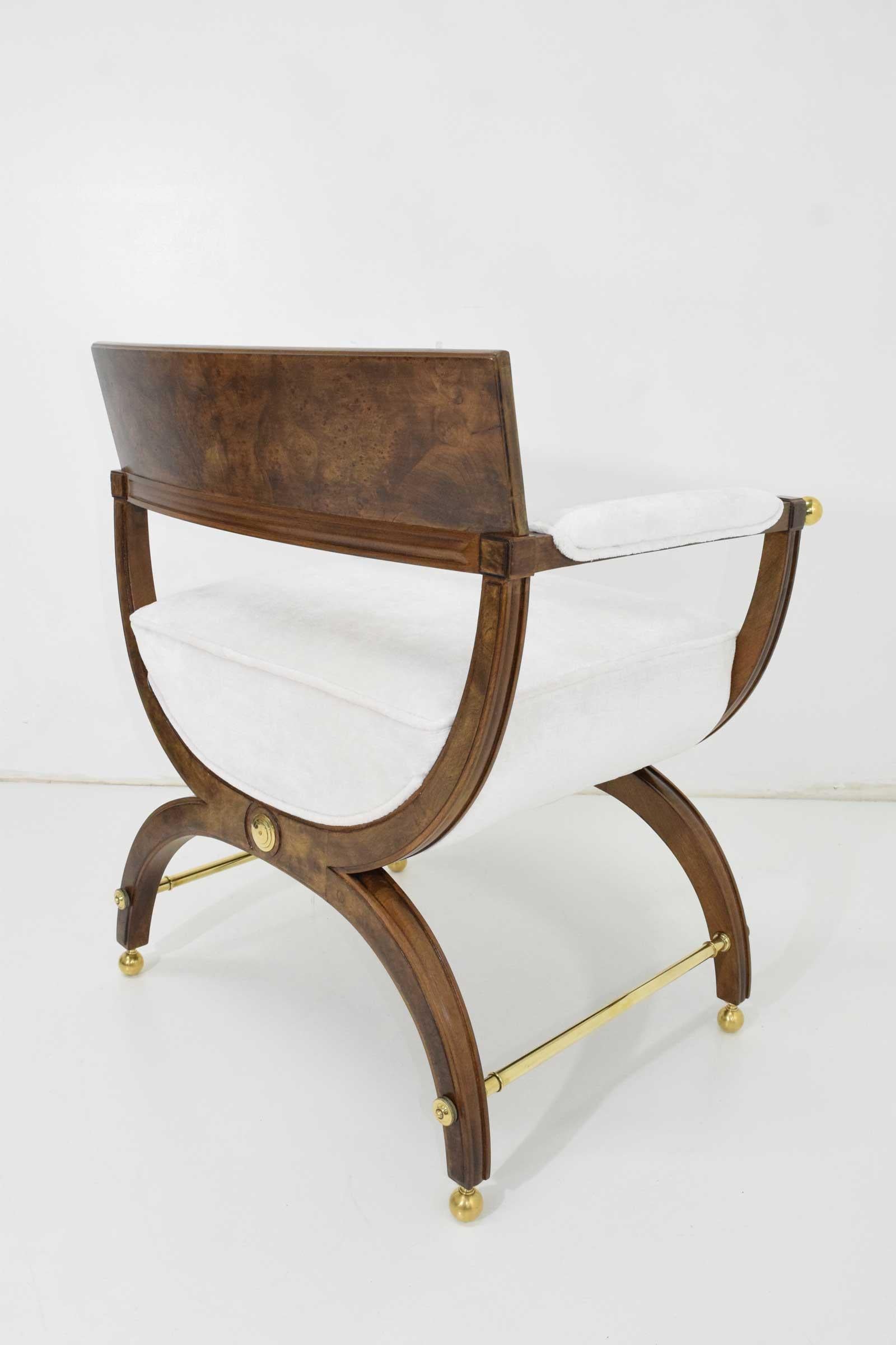 20th Century Director or Savonarola Style Chairs in Burl Wood with Brass Accents by Widdicomb