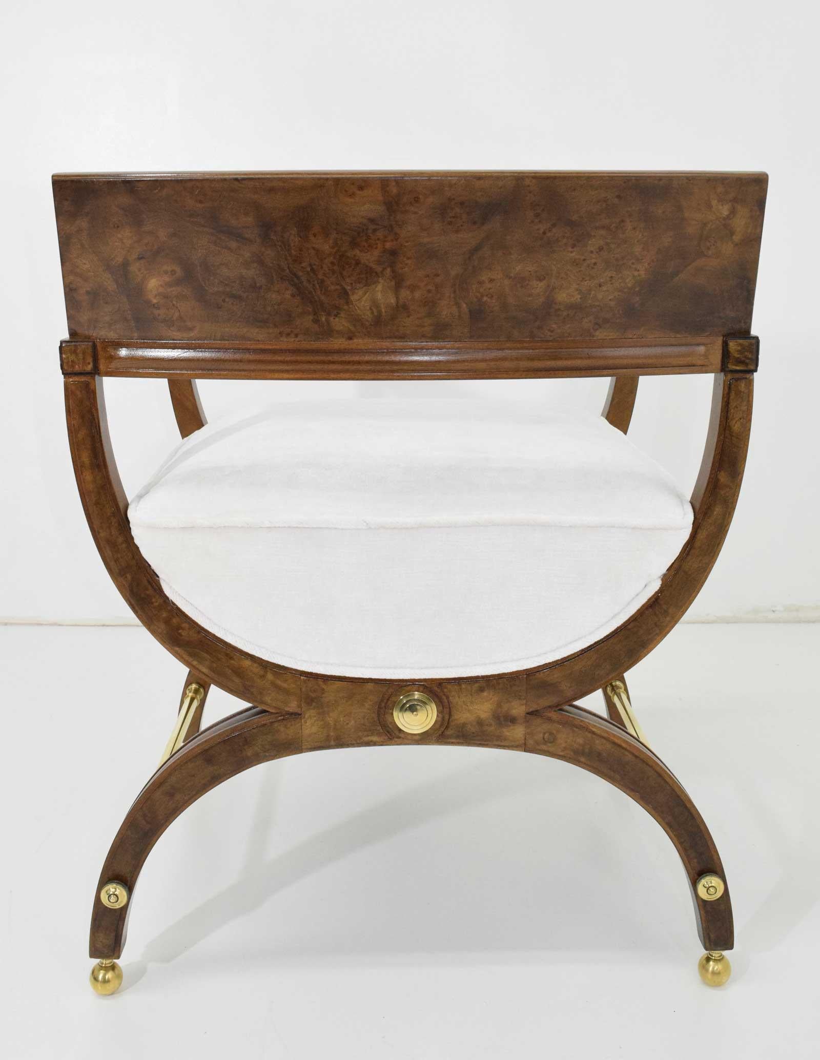 Director or Savonarola Style Chairs in Burl Wood with Brass Accents by Widdicomb 2