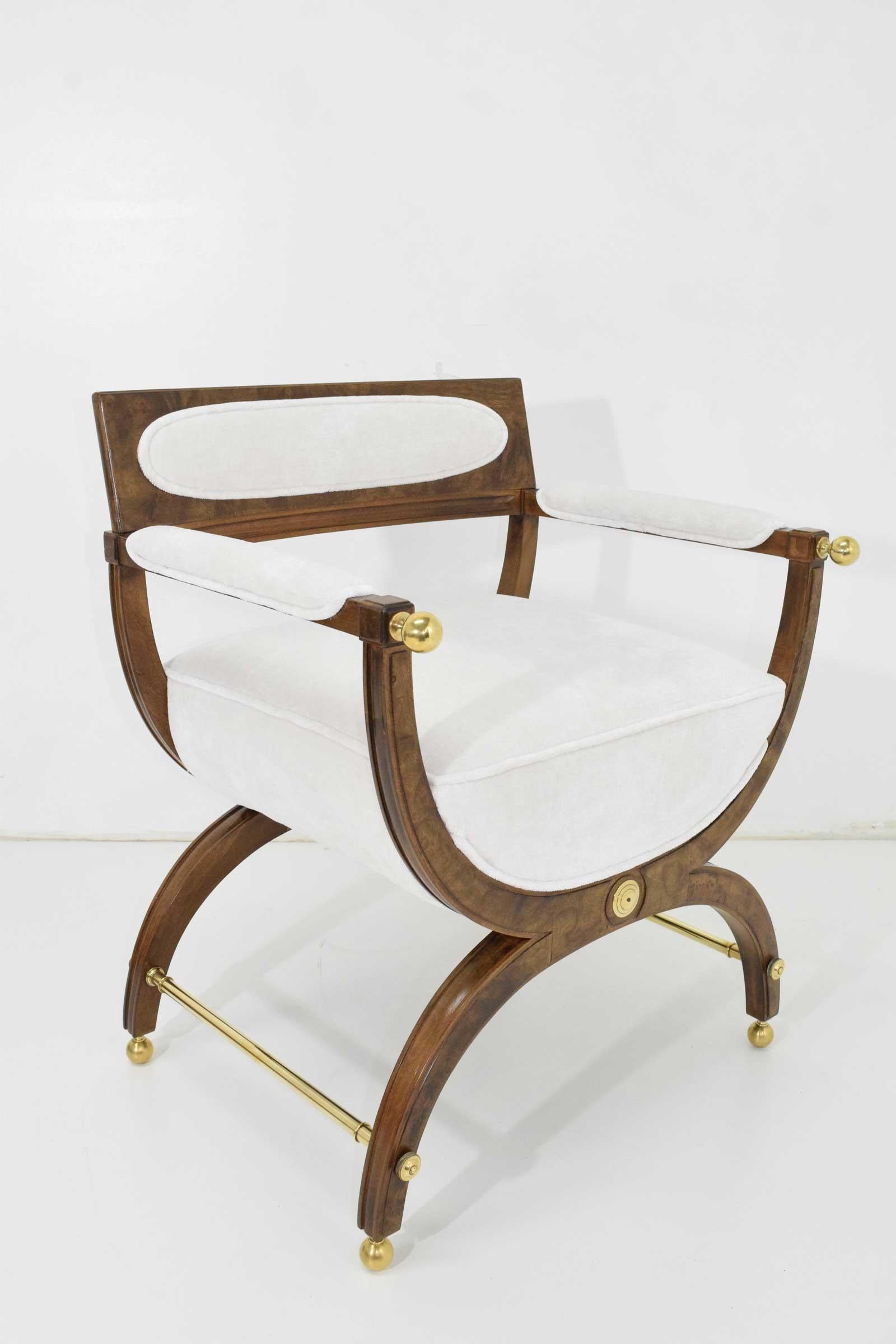 Director or Savonarola Style Chairs in Burl Wood with Brass Accents by Widdicomb For Sale 3