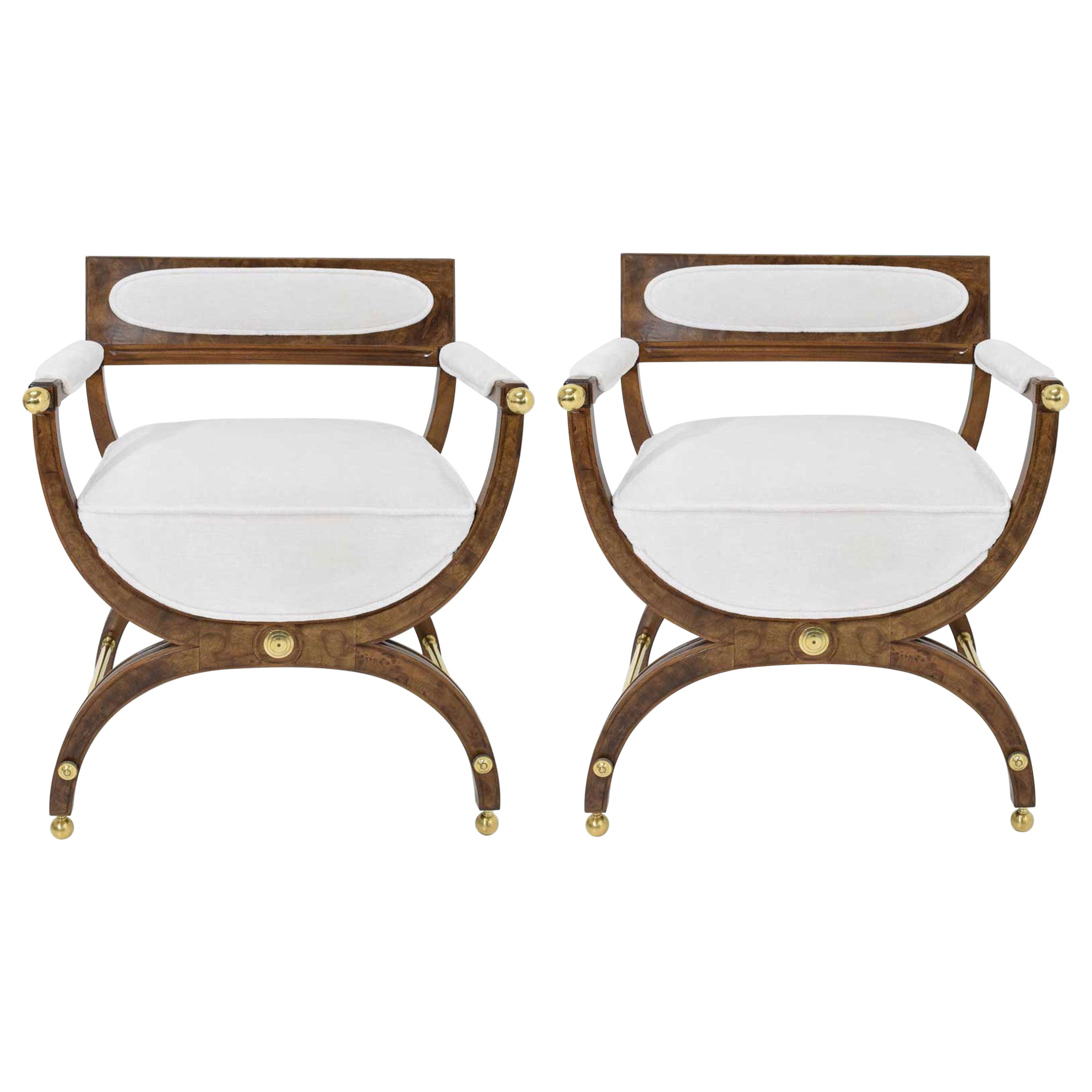 Director or Savonarola Style Chairs in Burl Wood with Brass Accents by Widdicomb