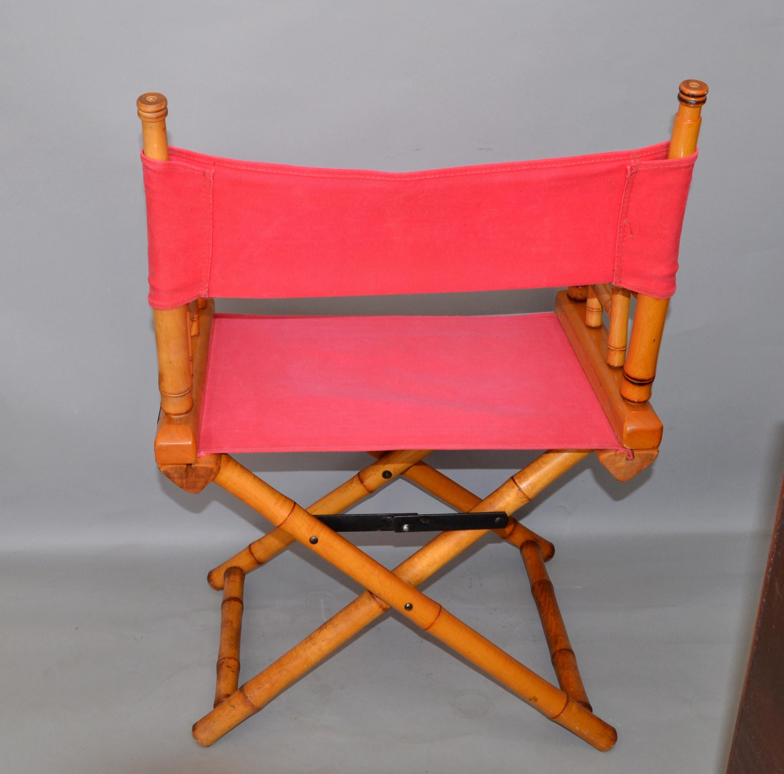 Metal Directors Chair Bamboo Wood Coral Red Cotton Canvas Fabric Upholstery Foldable  For Sale