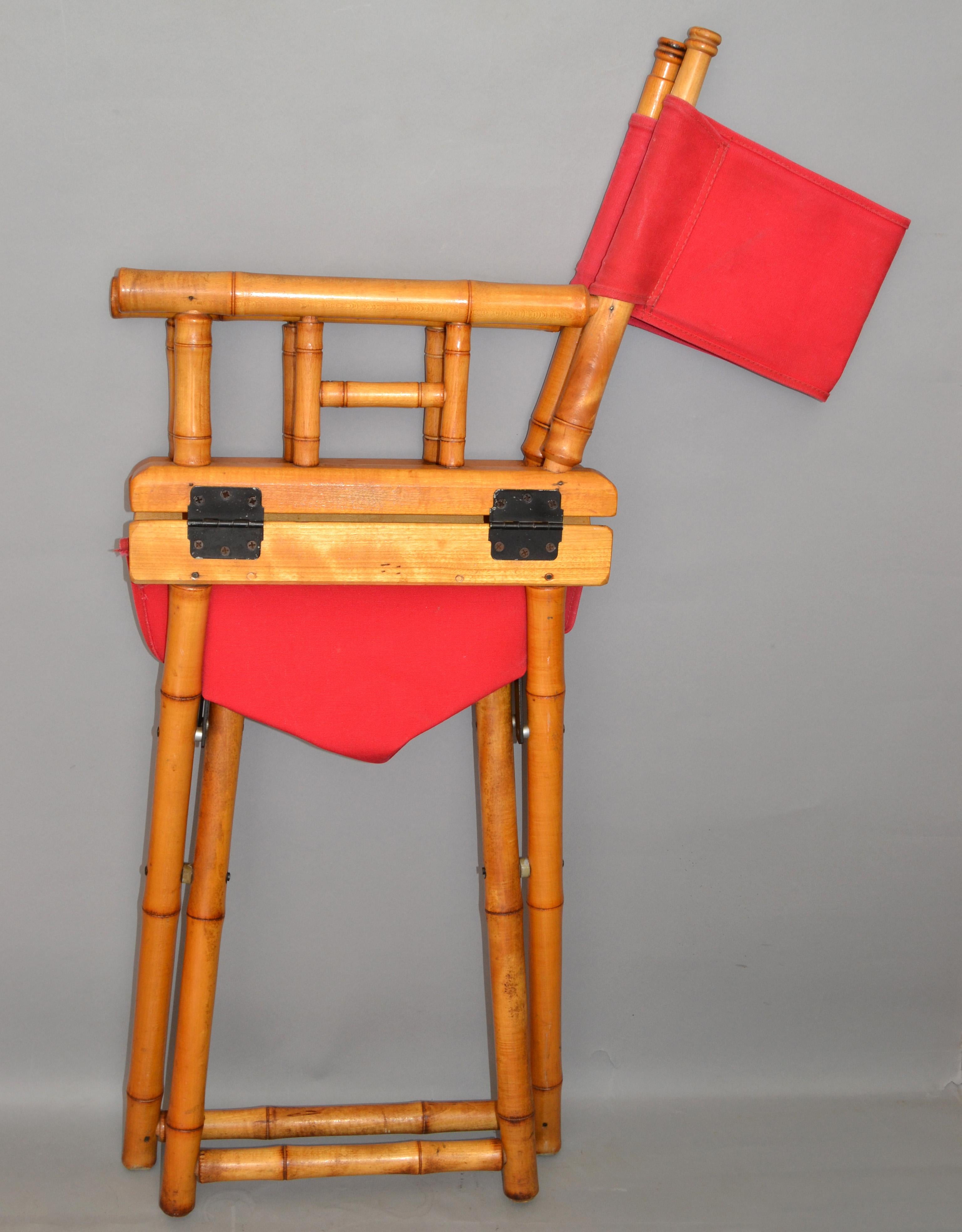 Silla de director Madera de bambú Coral Rojo Tela de algodón Tapizado Plegable en venta 4