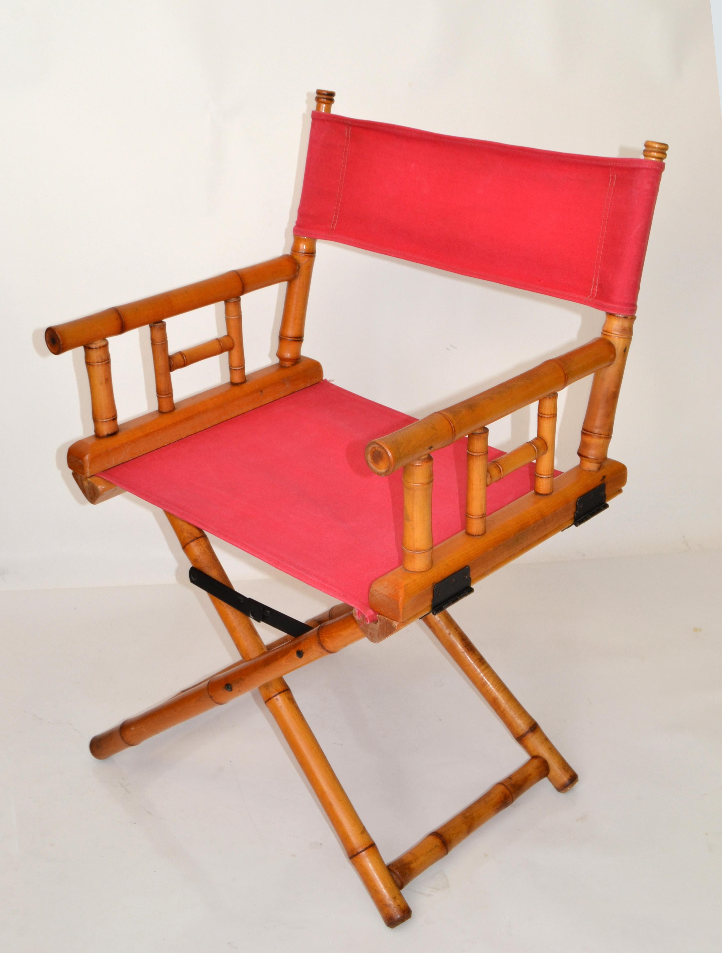 Silla de director Madera de bambú Coral Rojo Tela de algodón Tapizado Plegable en venta 5