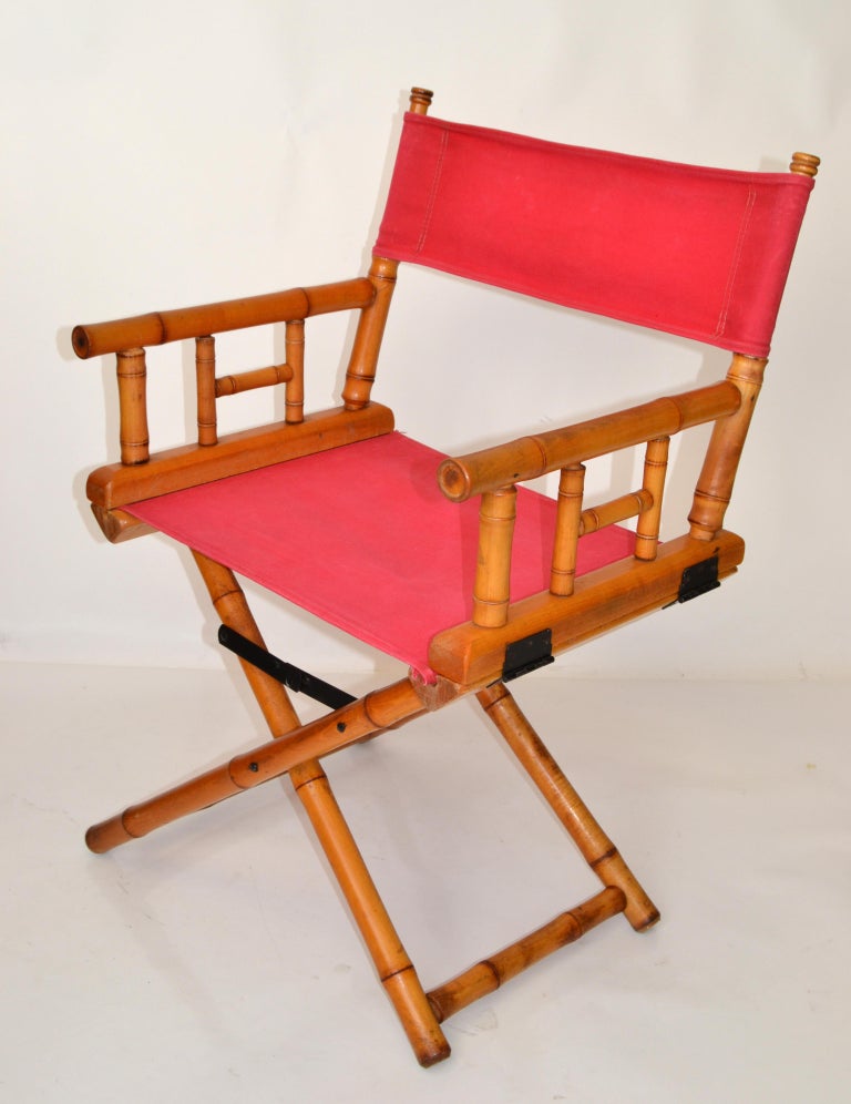 Directors Chair Bamboo Wood Coral Red Cotton Canvas Fabric Upholstery