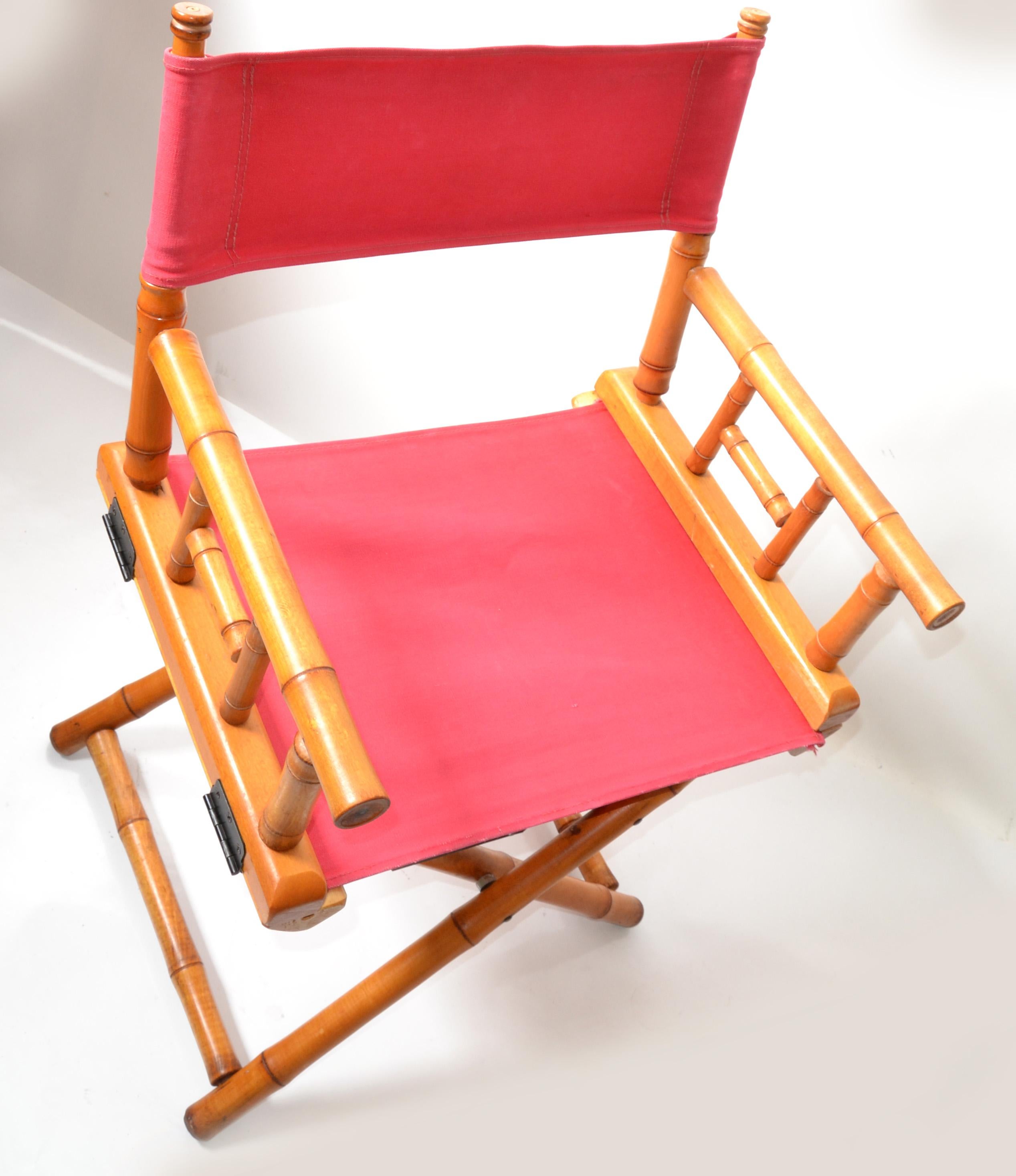 Hand-Crafted Directors Chair Bamboo Wood Coral Red Cotton Canvas Fabric Upholstery Foldable  For Sale