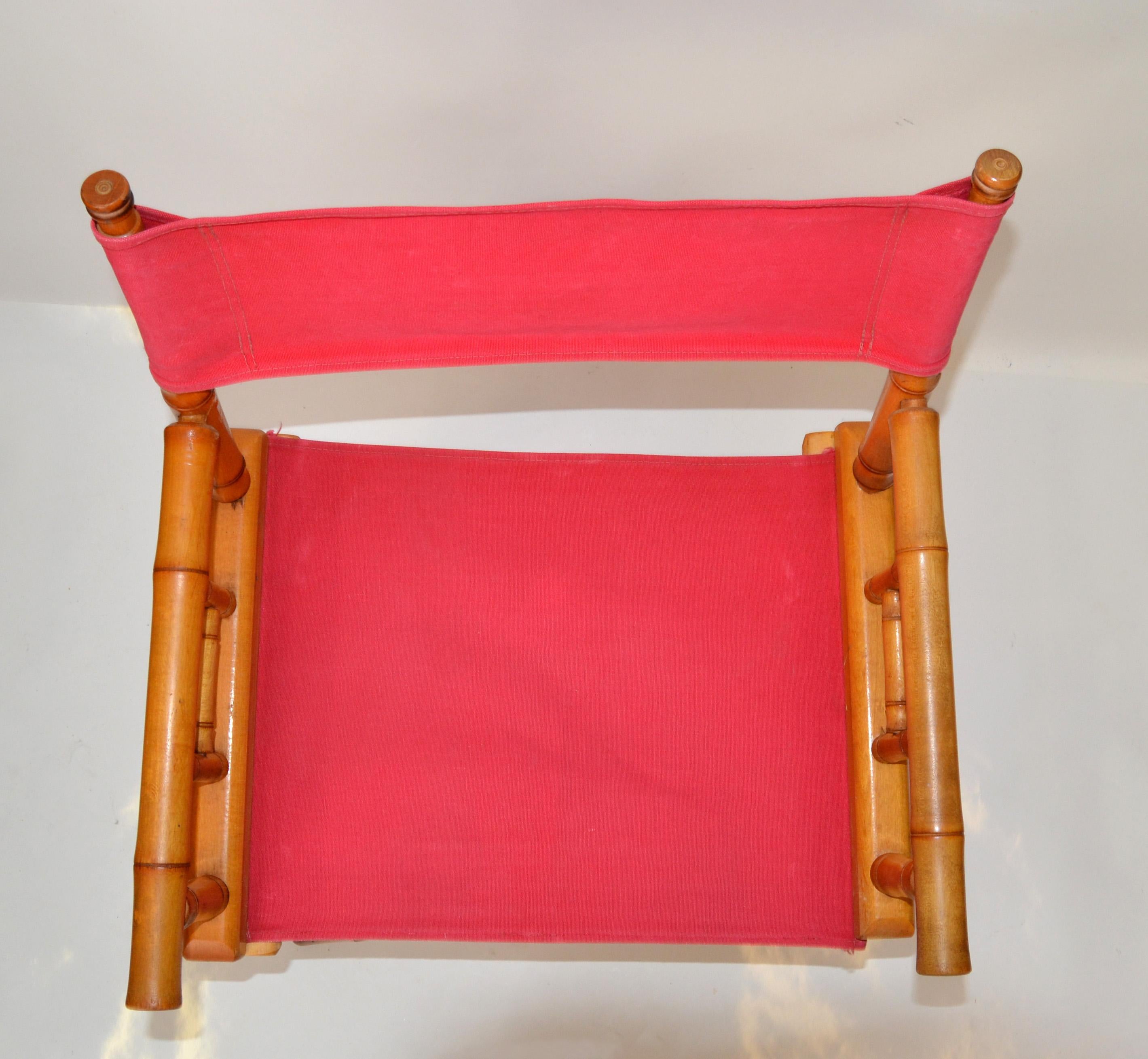 Late 20th Century Directors Chair Bamboo Wood Coral Red Cotton Canvas Fabric Upholstery Foldable  For Sale