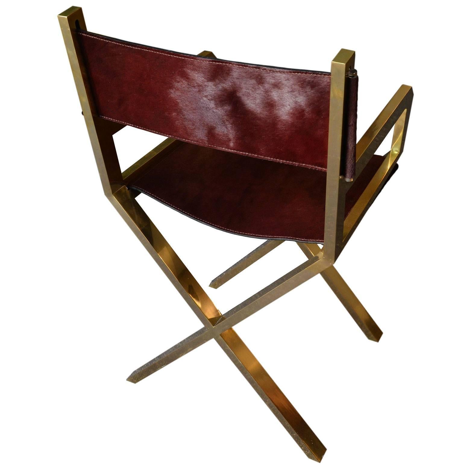 Mid-Century Modern Director's Chair in Brass and Purple Calf Leather, France, Late 1970s For Sale