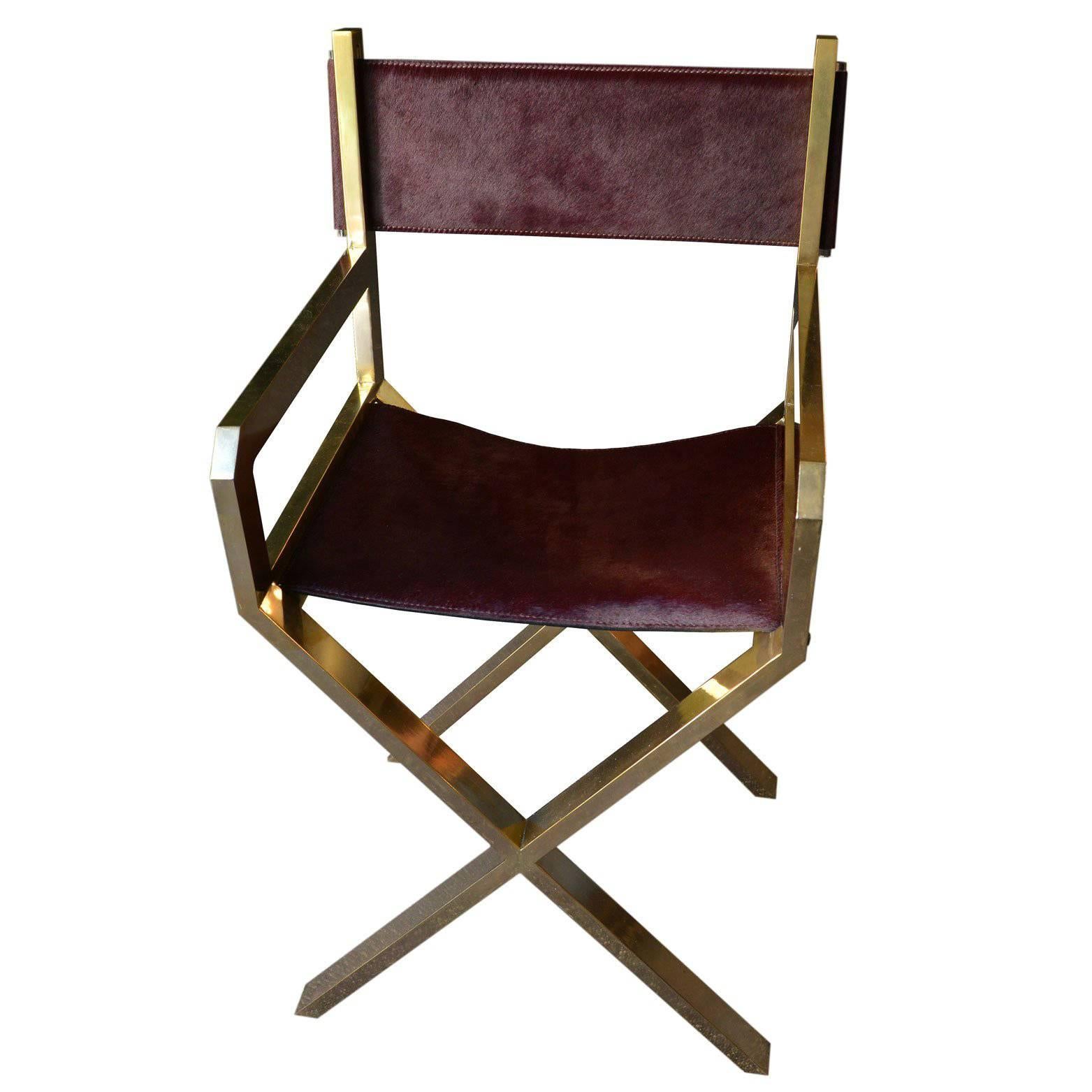 Director's Chair in Brass and Purple Calf Leather, France, Late 1970s For Sale