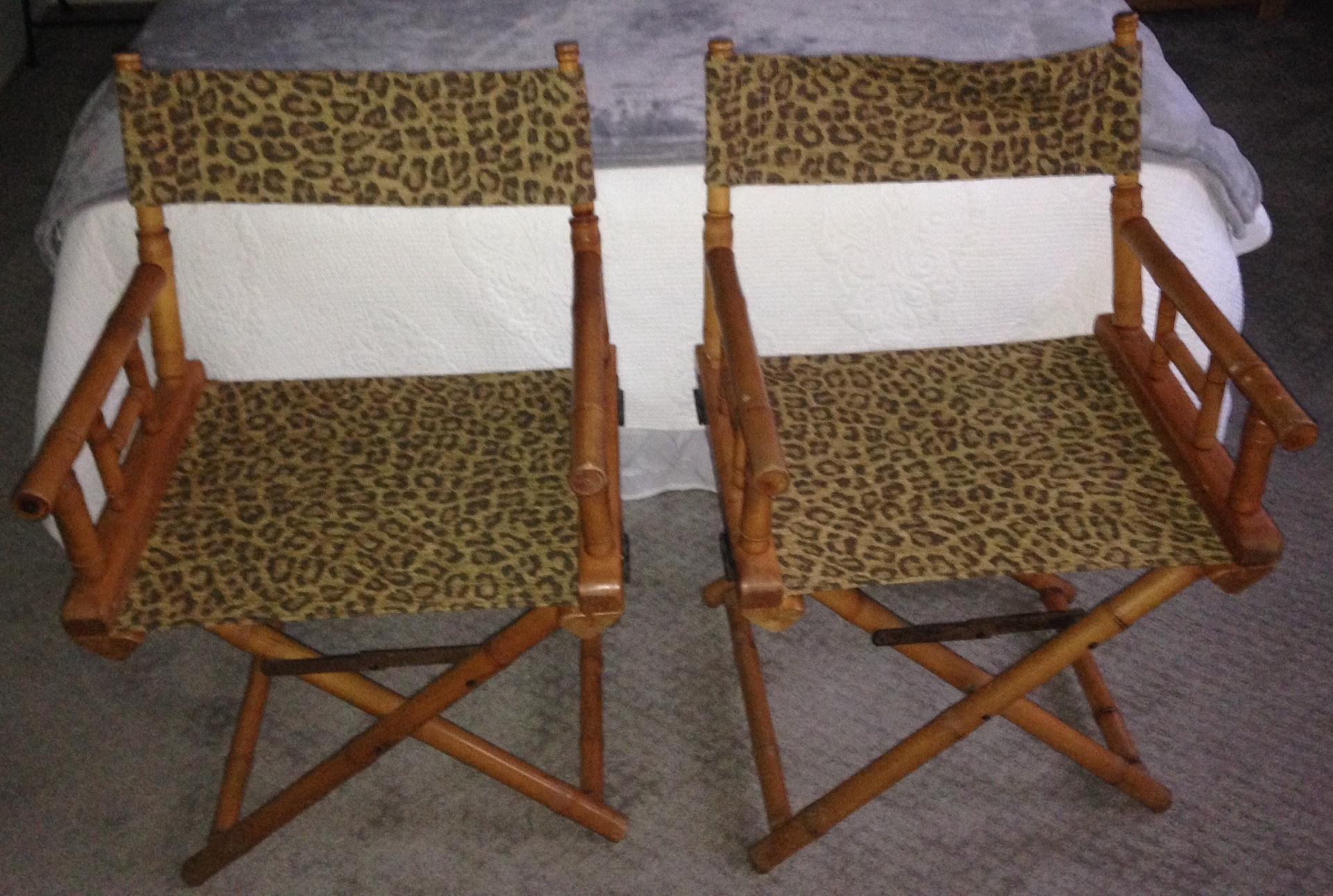 Directors chairs, pair, upholstered in leopard print design fabric. Made by Telescope Chair Company. Midcentury. Sturdy, comfortable. Fold up easily with brass hinges for transport to beach, concert, picnic, summer porch, winter study. Priced as a