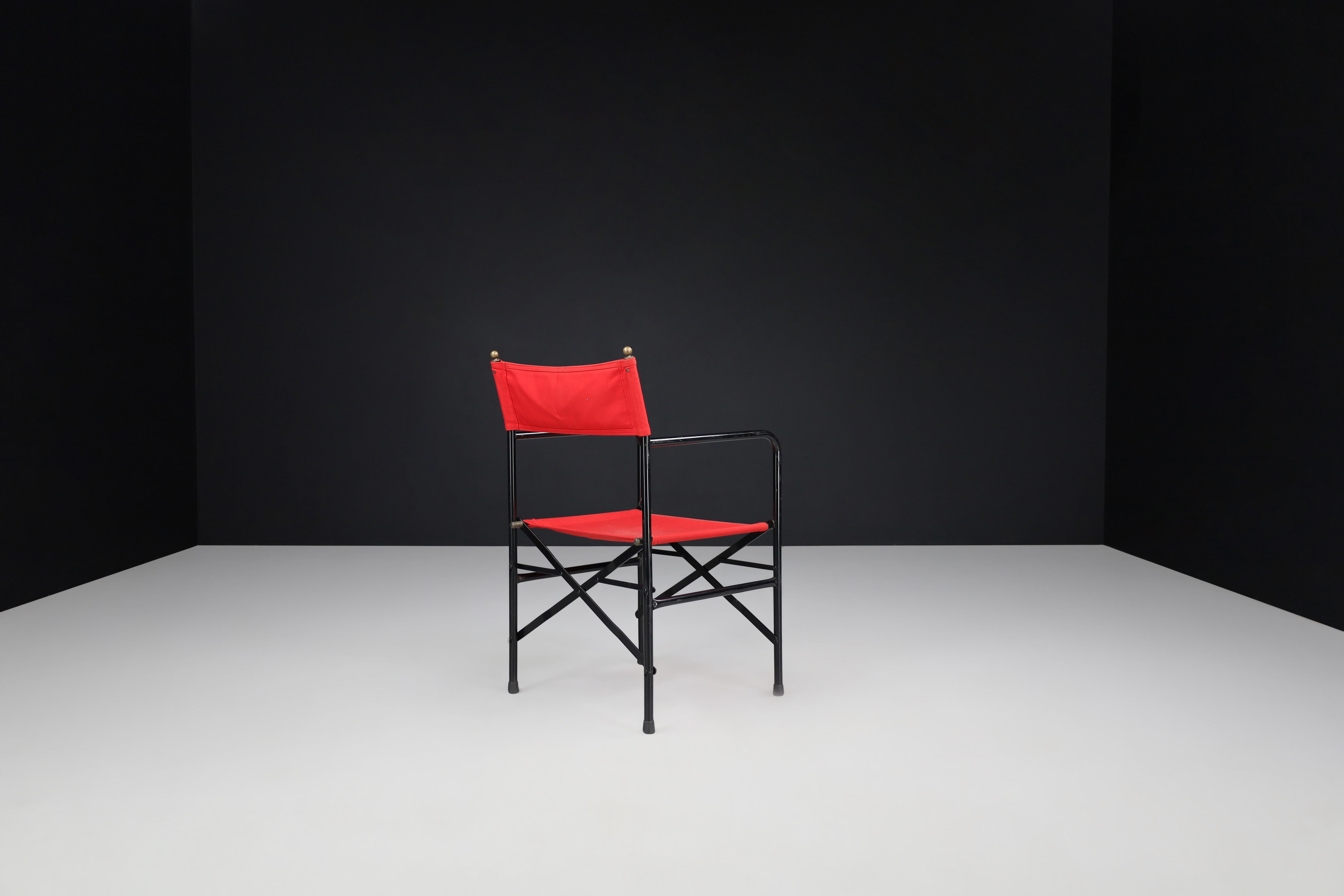 Director’s Folding Chair in lacquered steel frame, brass, red canvas seat 1980s For Sale 3