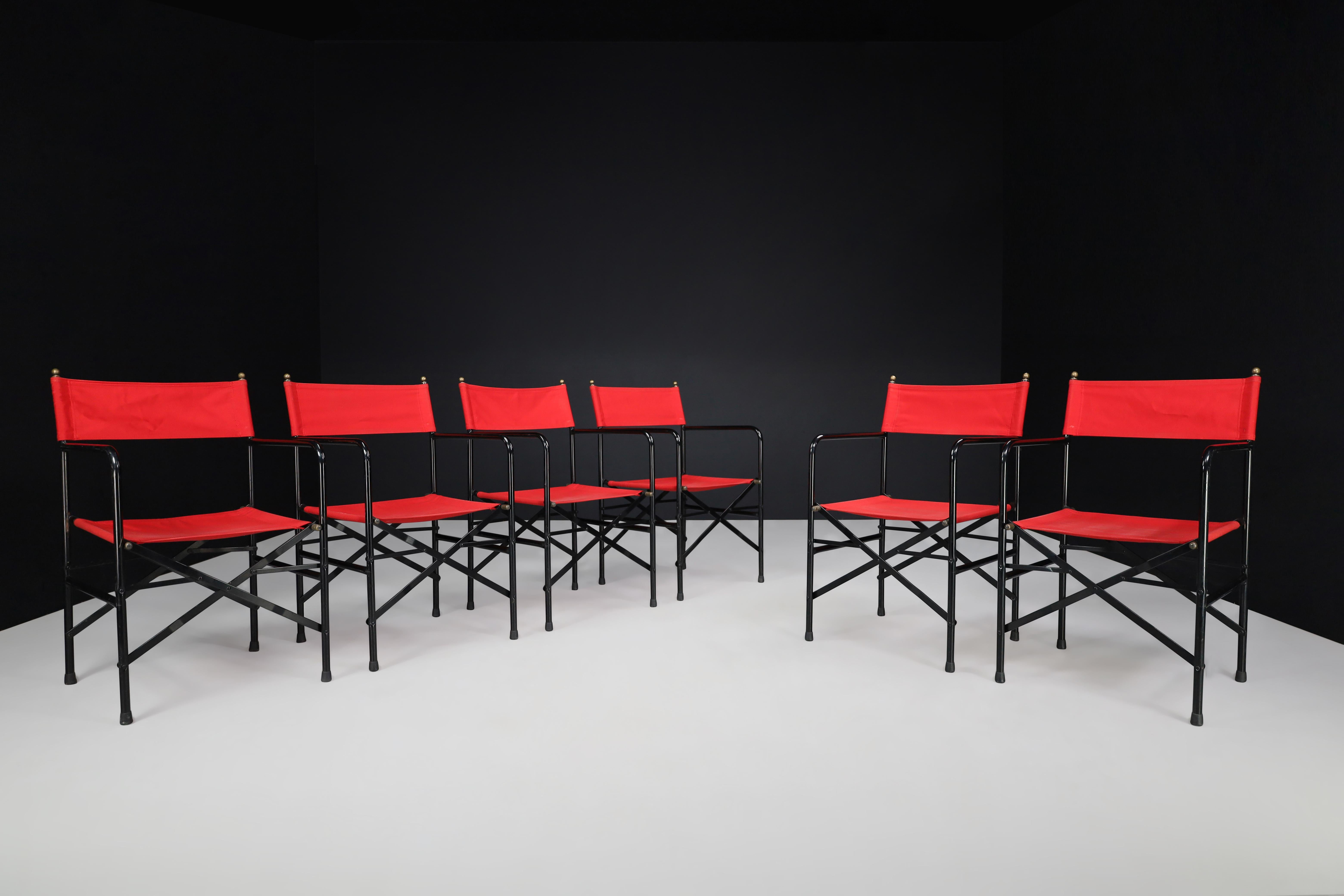 Vintage Director’s Folding Chair in lacquered steel frame, red canvas seat and backrest and  Brass, Italy 1980s

Offered individually, these vintage Italian folding director’s chairs from the 1980s embody bold design and exceptional craftsmanship. A