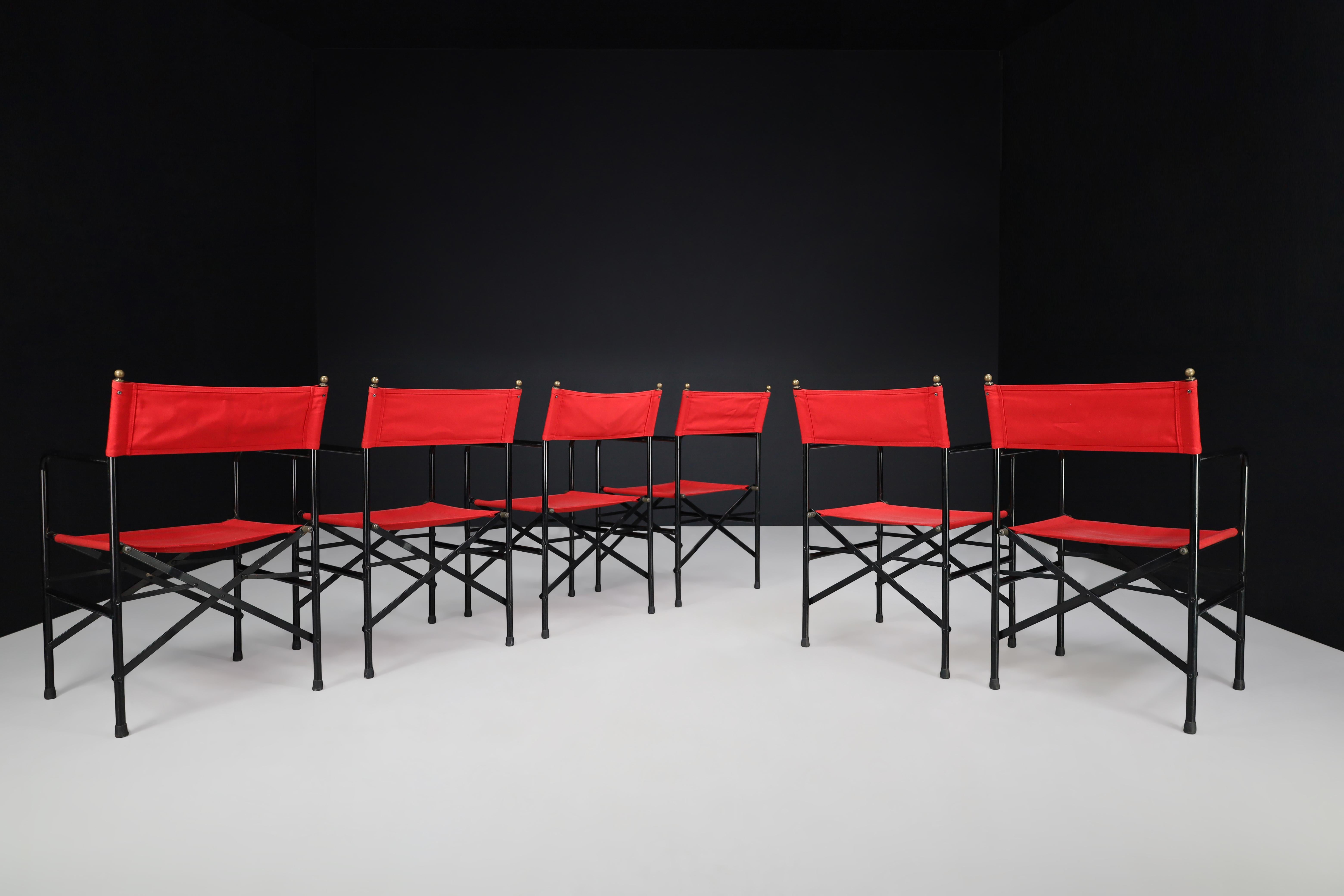 Modern Director’s Folding Chair in lacquered steel frame, brass, red canvas seat 1980s For Sale