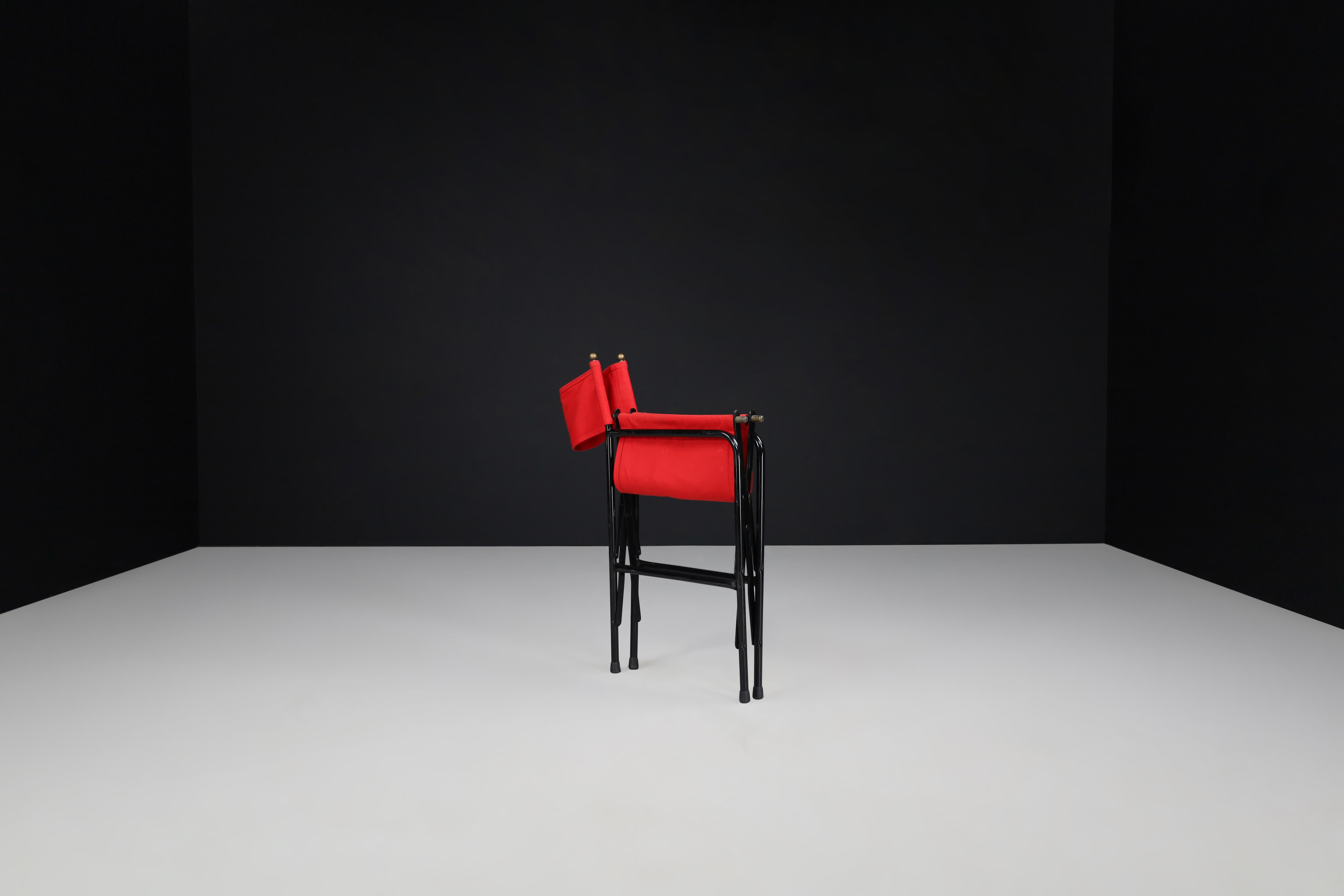 Steel Director’s Folding Chair in lacquered steel frame, brass, red canvas seat 1980s For Sale