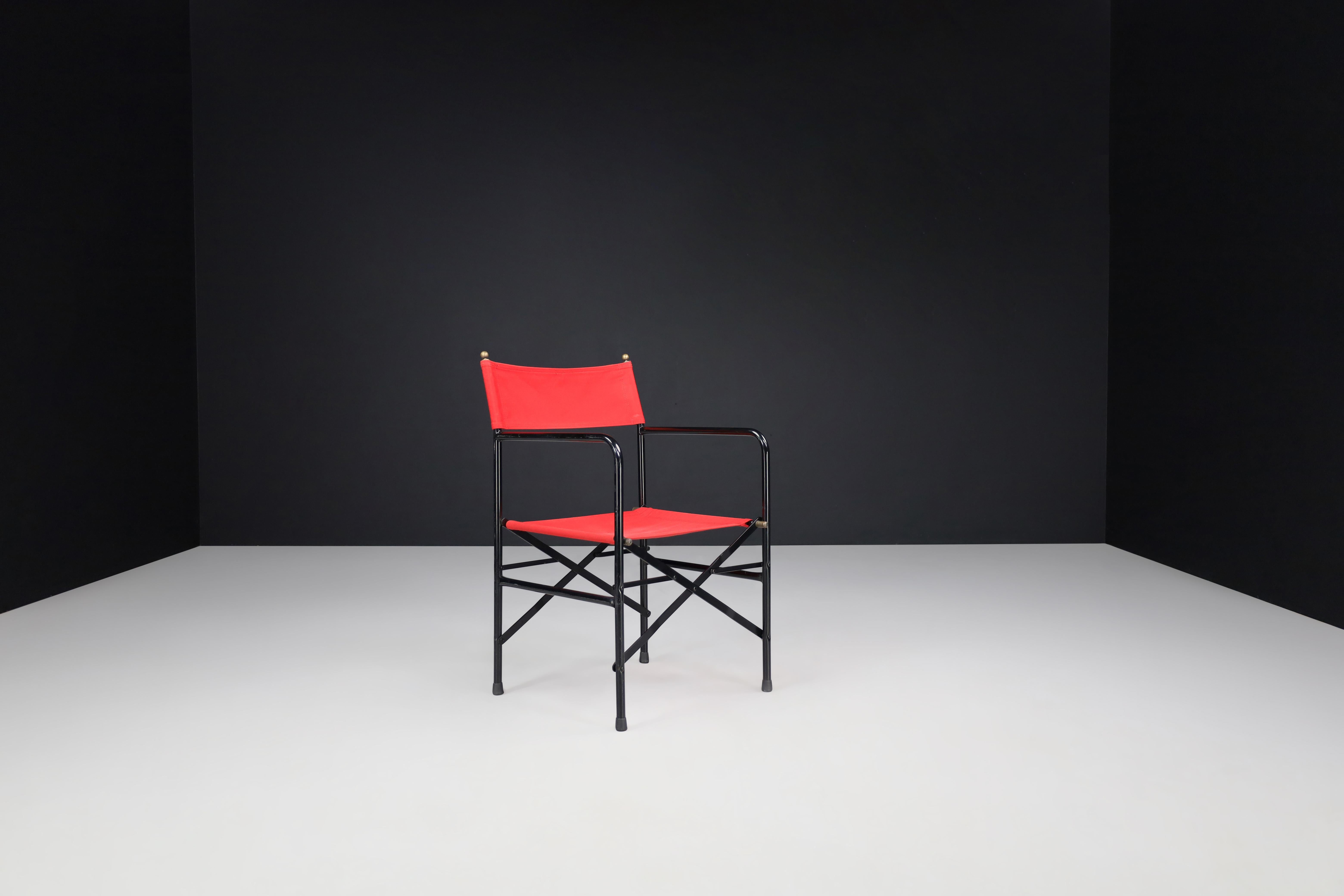 Director’s Folding Chair in lacquered steel frame, brass, red canvas seat 1980s For Sale 1