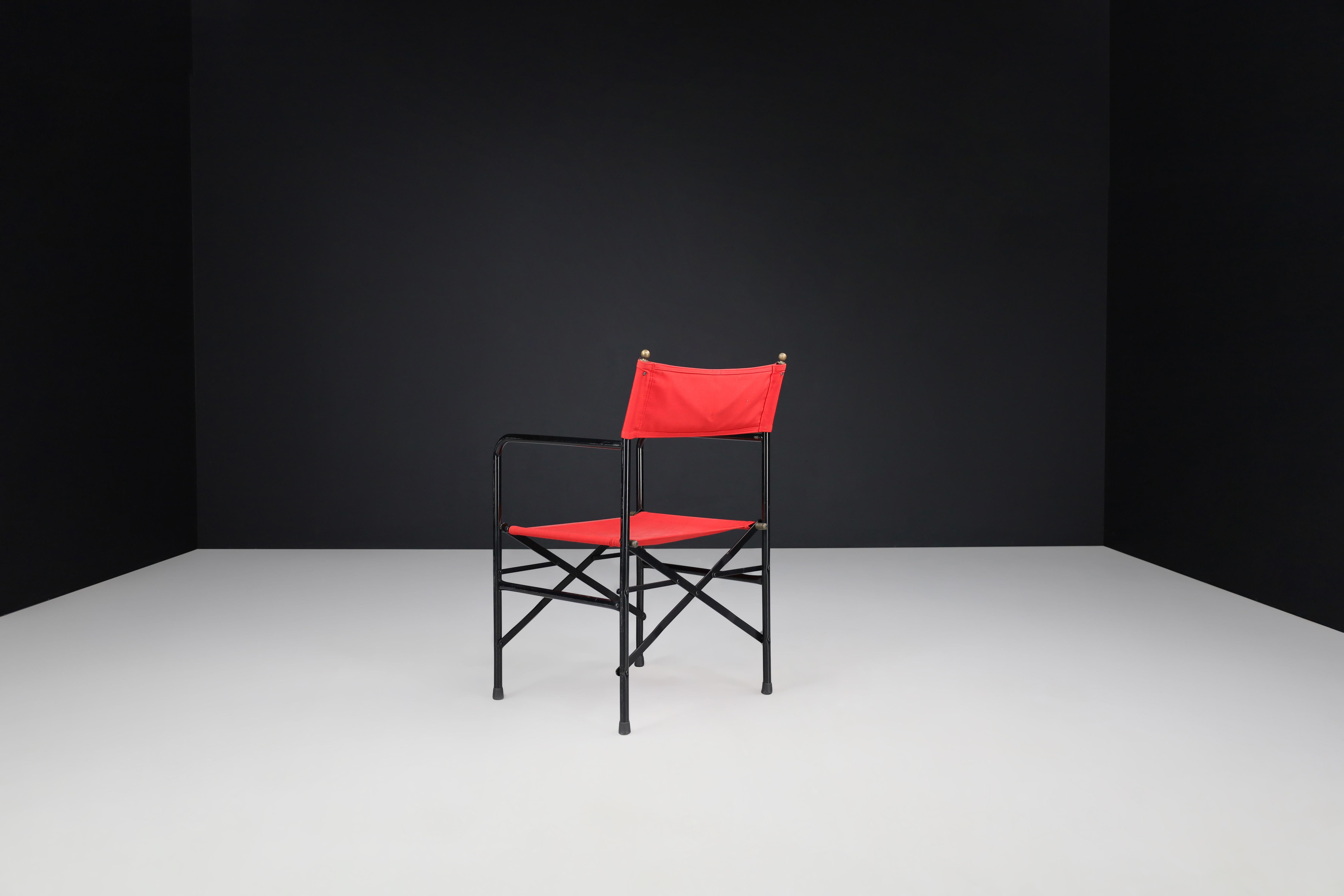 Director’s Folding Chair in lacquered steel frame, brass, red canvas seat 1980s For Sale 2