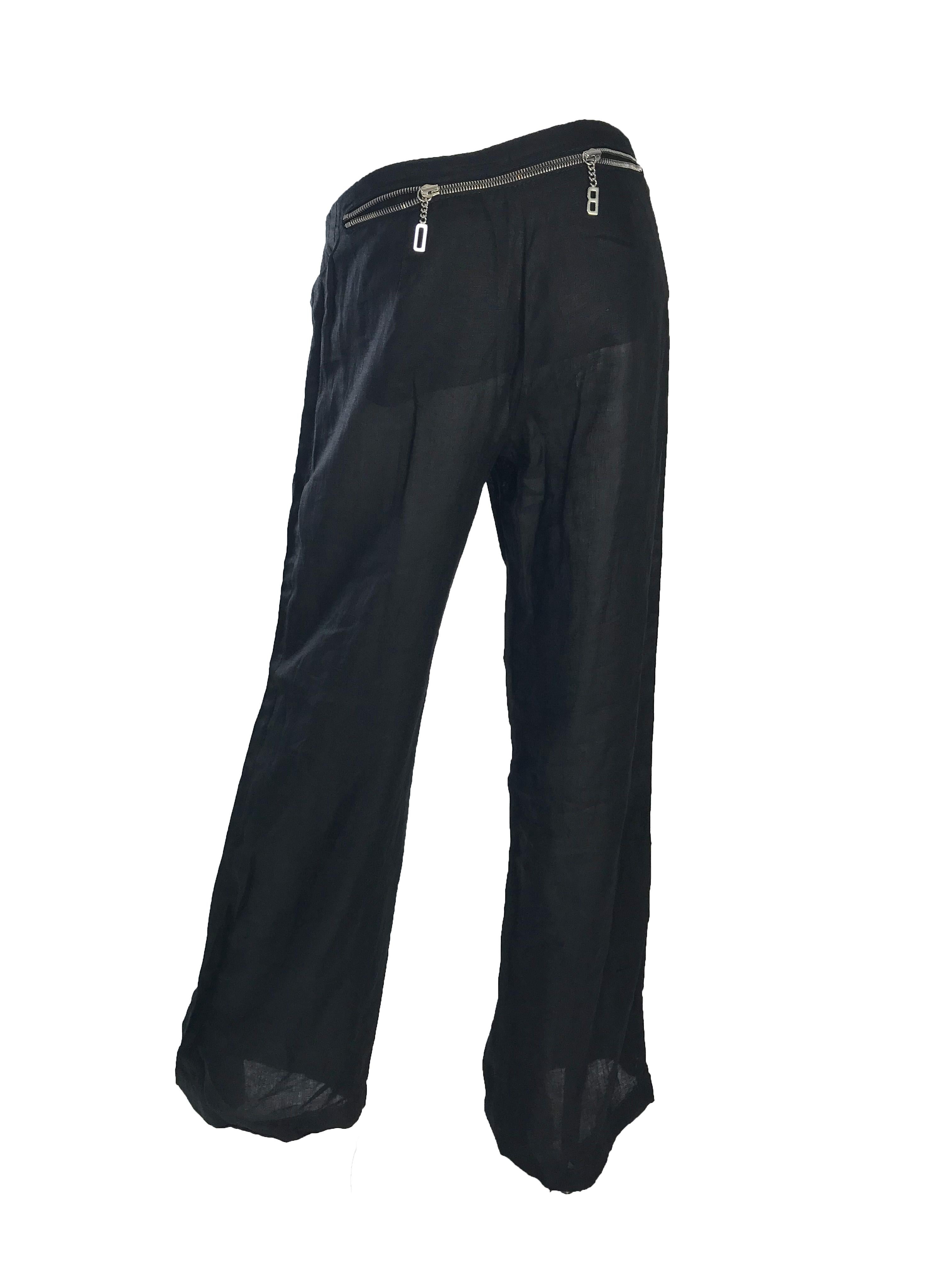 Dirk Bikkembergs black linen zipper pants In Excellent Condition In Austin, TX