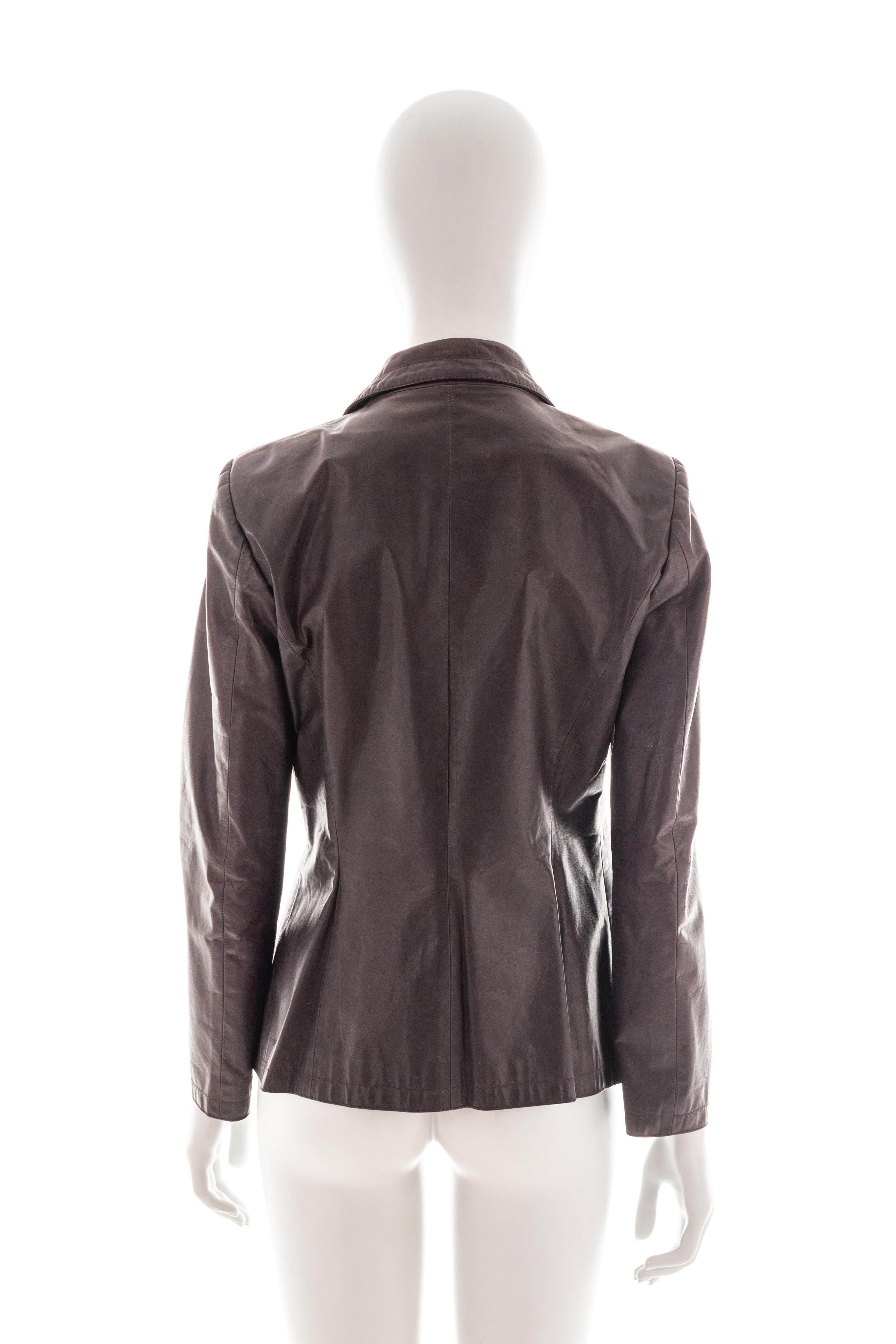 Black Dirk Bikkembergs brown leather blazer with safety pin, mid 2000s For Sale
