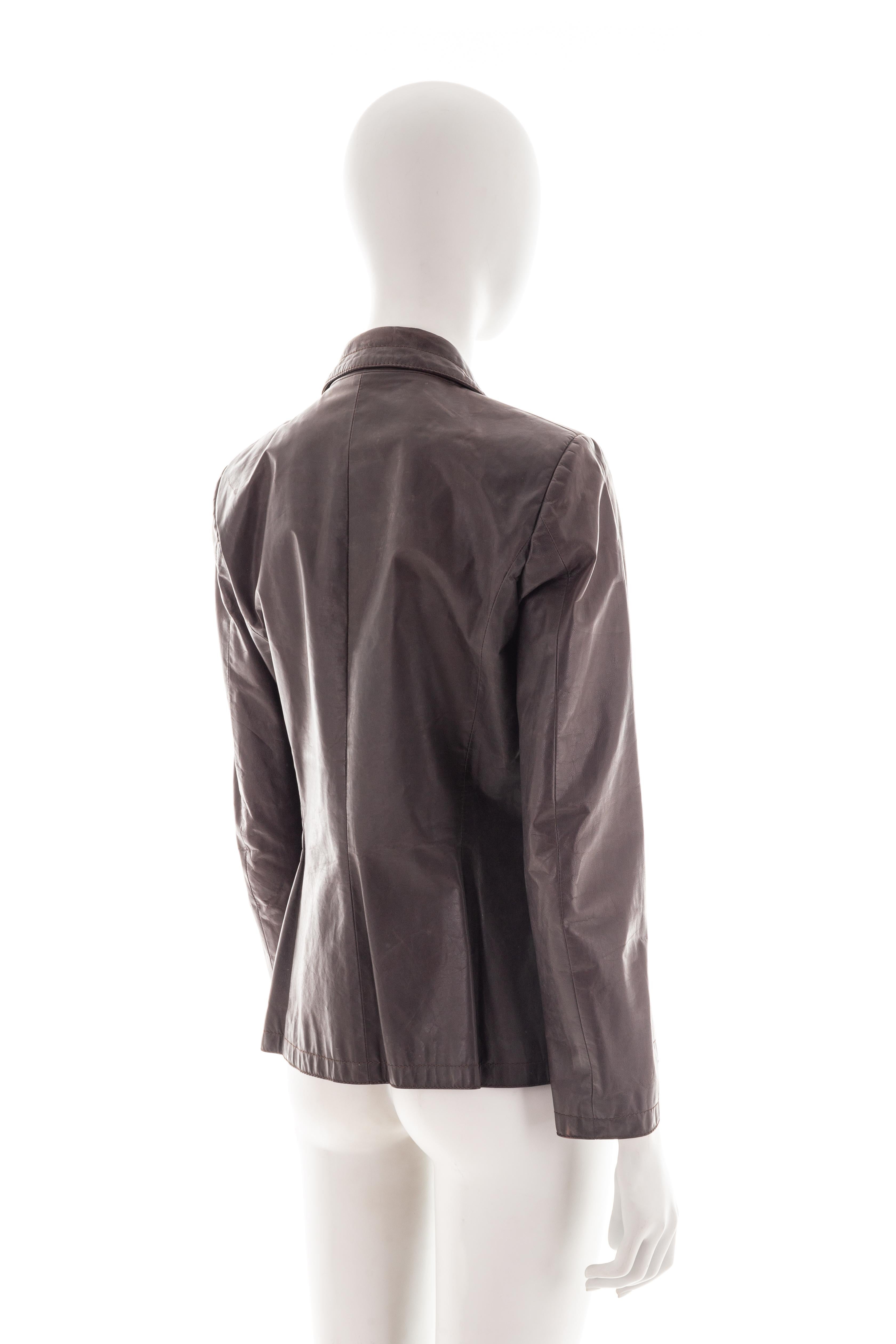 Dirk Bikkembergs brown leather blazer with safety pin, mid 2000s In Excellent Condition For Sale In Rome, IT