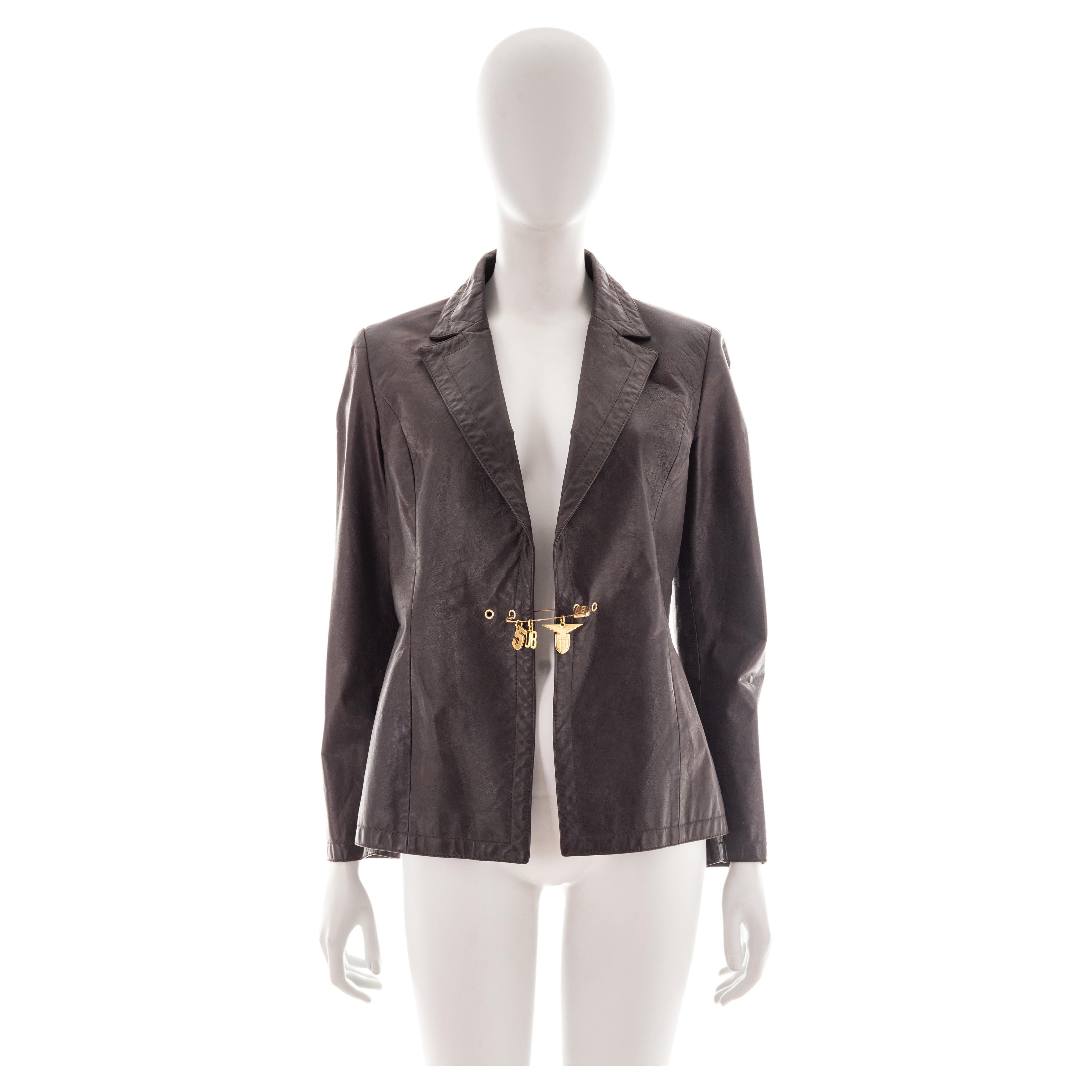 Dirk Bikkembergs brown leather blazer with safety pin, mid 2000s For Sale