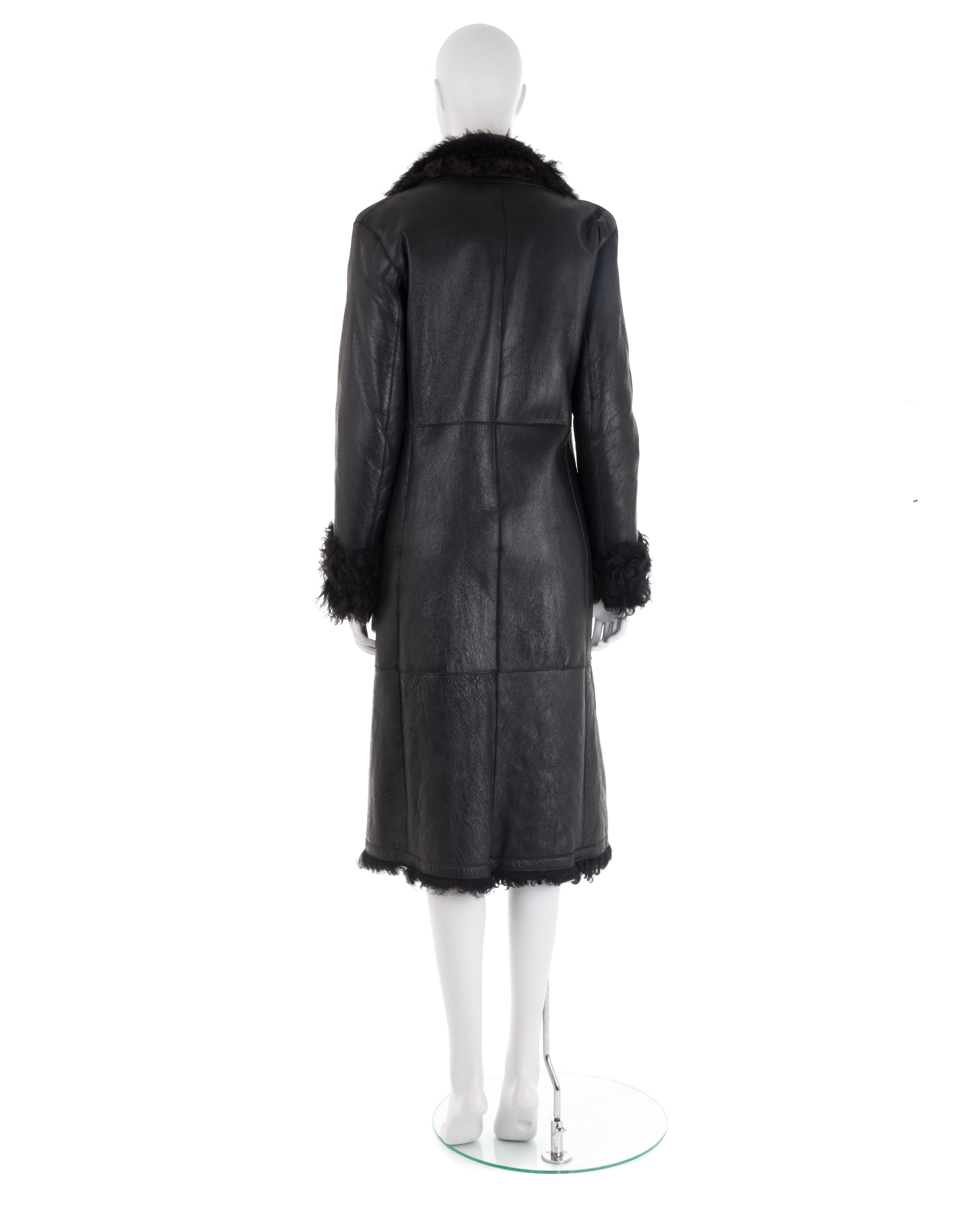 Black Dirk Bikkembergs F/W 2003 black Mongolian lamb fur leather coat For Sale