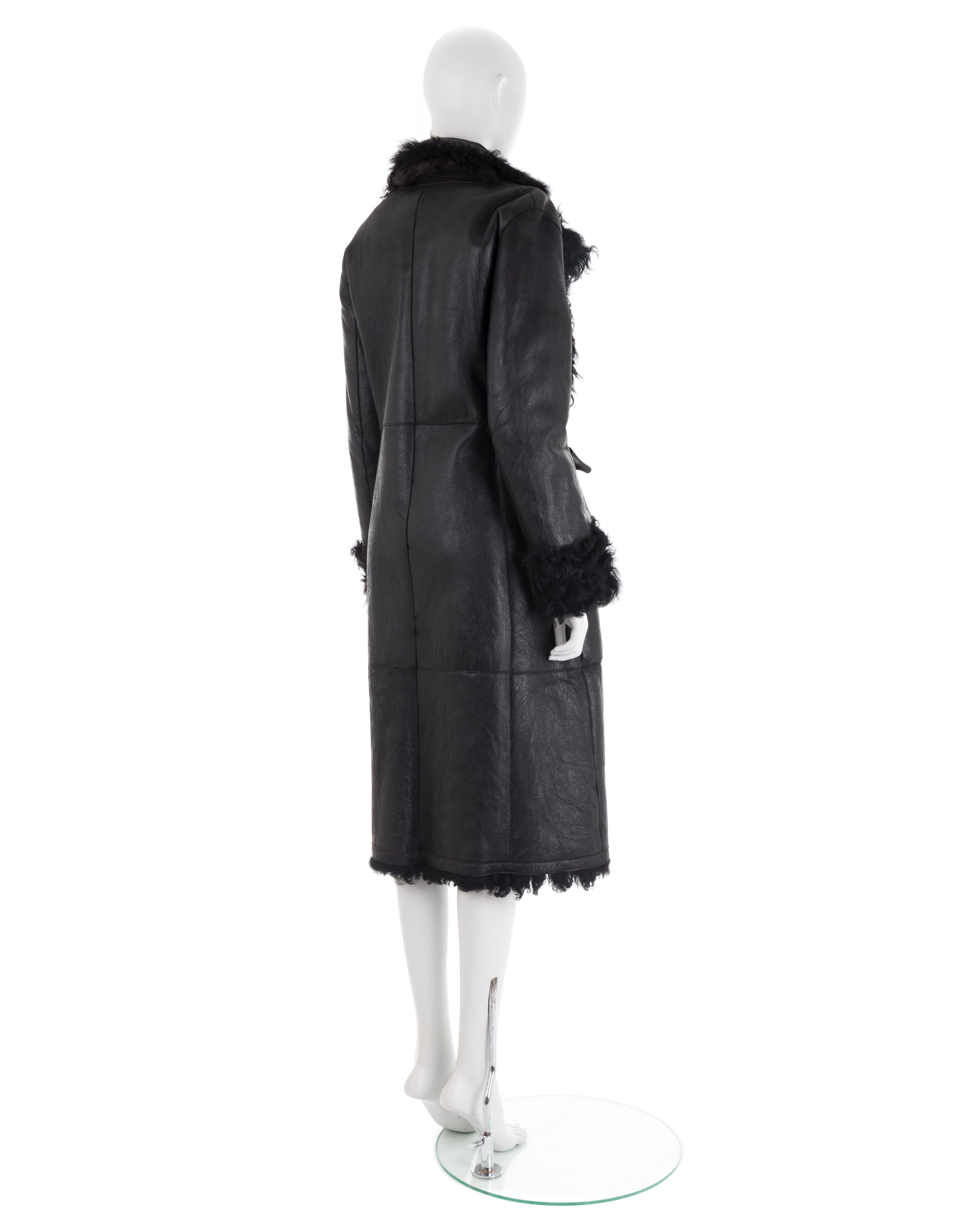 Dirk Bikkembergs F/W 2003 black Mongolian lamb fur leather coat In Excellent Condition For Sale In Rome, IT