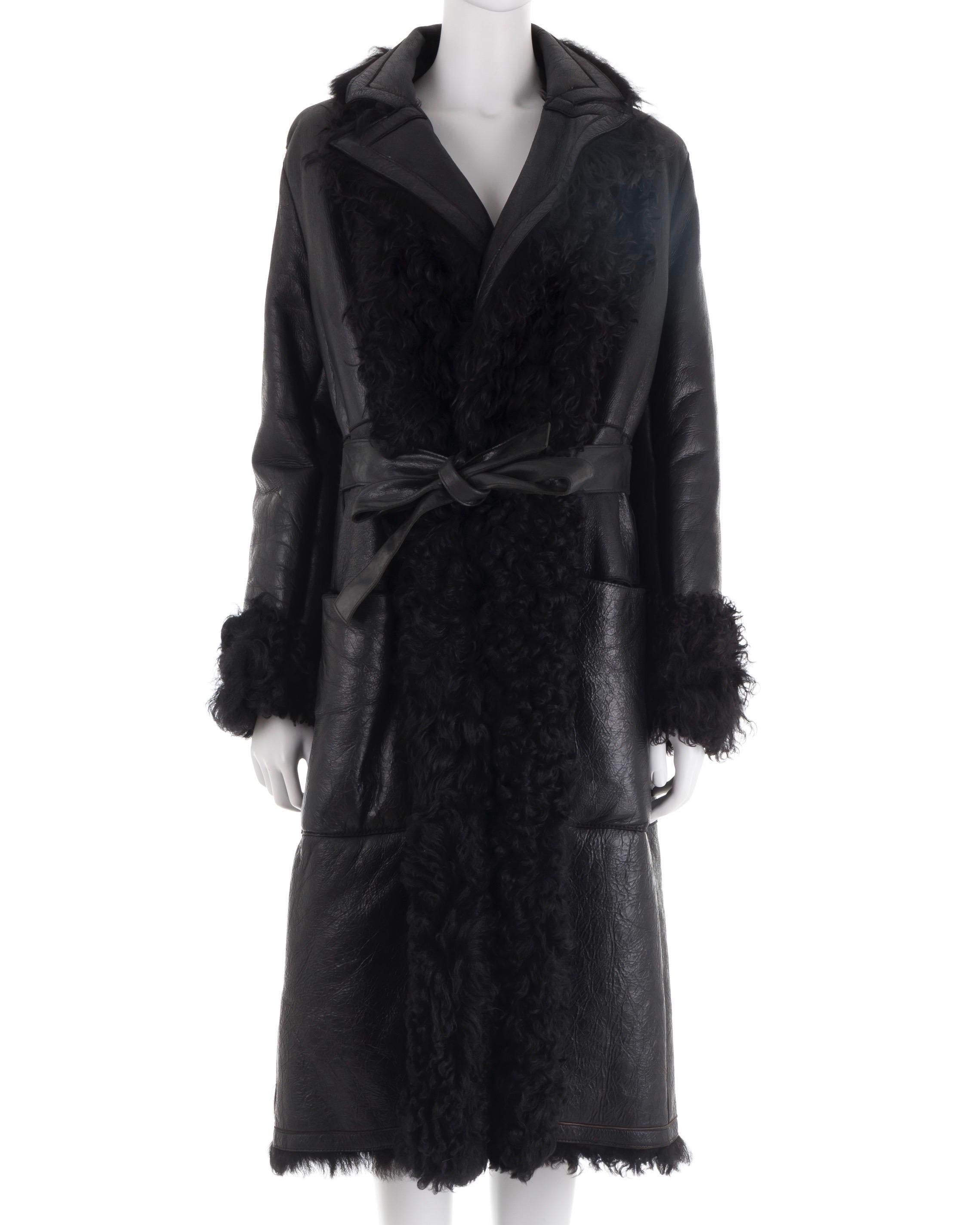 Dirk Bikkembergs F/W 2003 black Mongolian lamb fur leather coat For Sale