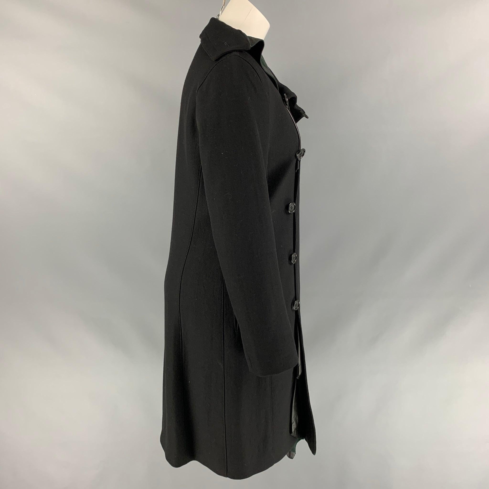 DIRK BIKKEMBERGS Size 6 Black Wool Blend Leather Ruffle Trim Coat In Good Condition In San Francisco, CA