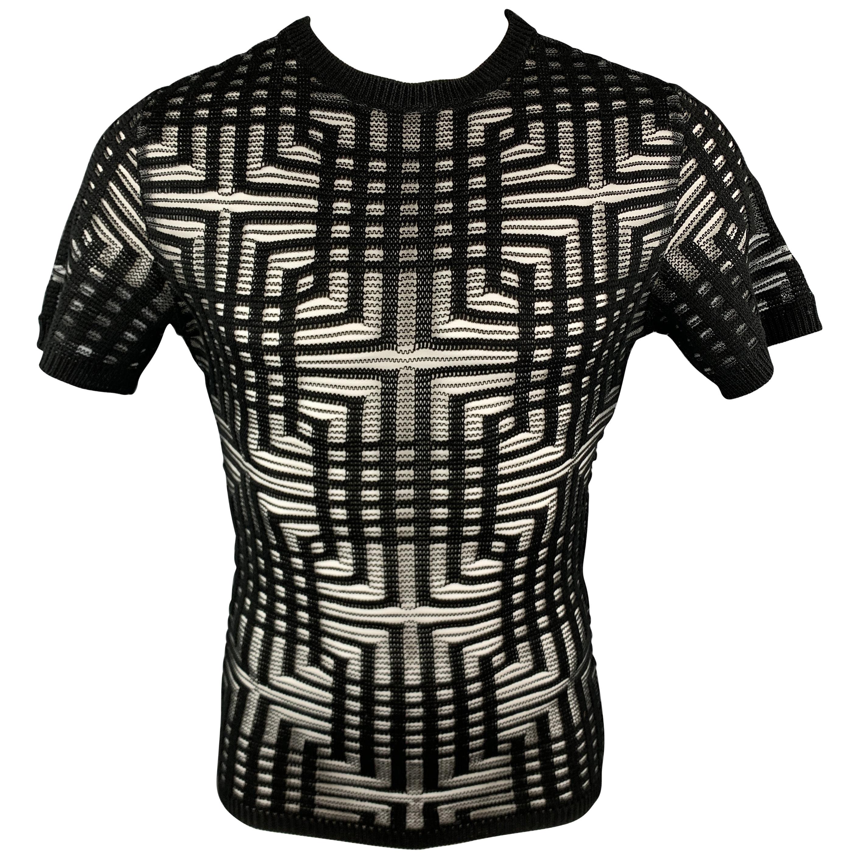 DIRK BIKKEMBERGS Size M Black & Silver Sheer Stripe Short Sleeve Pullover