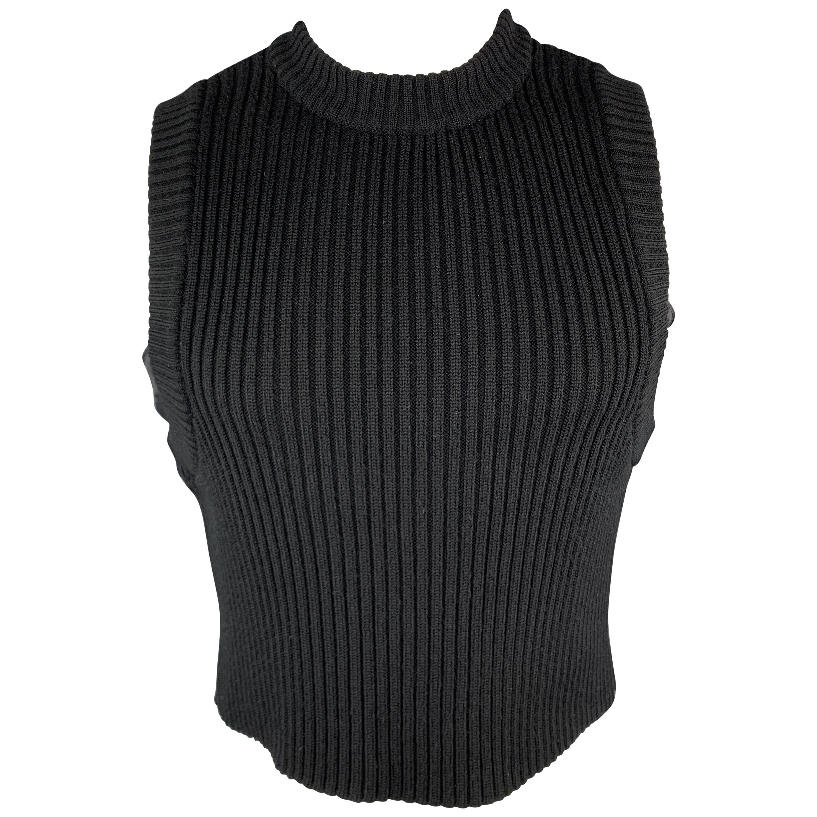 DIRK BIKKEMBERGS Size S Black Ribbed Knit Wool Grommet Side Cropped Vest