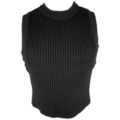 DIRK BIKKEMBERGS - Gilet court en laine à œillets latéraux en maille côtelée noire, taille S